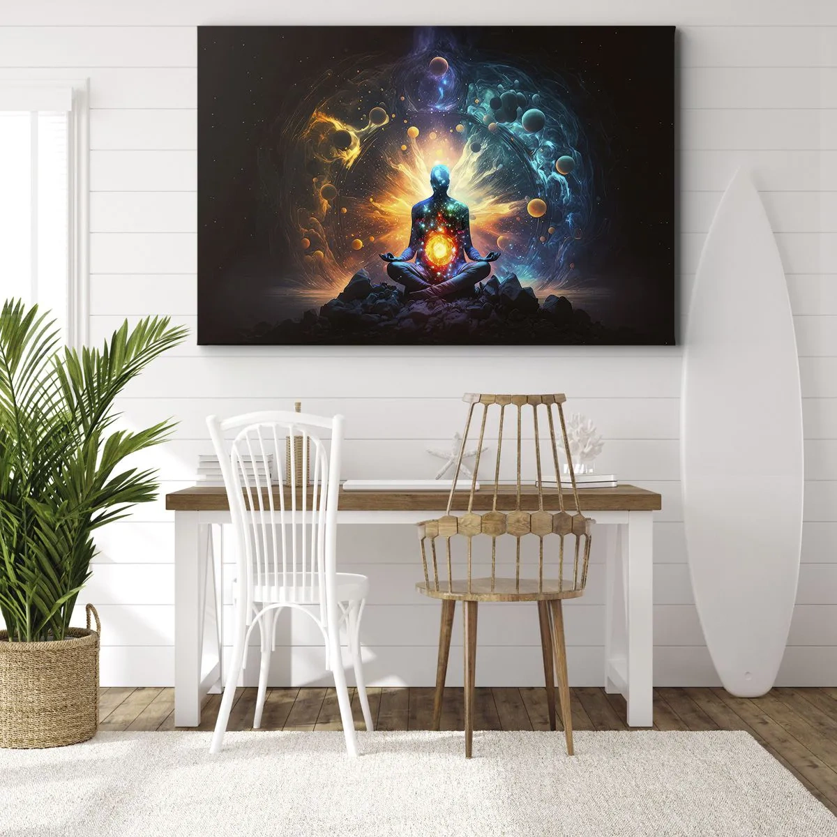 Obraz na plátne - Postava v meditácii obklopená kozmickou aurou - 70x50cm - Vesmírny pokoj - Moderná nástenná dekorácia do obývacej izby a spálne ARTTOR