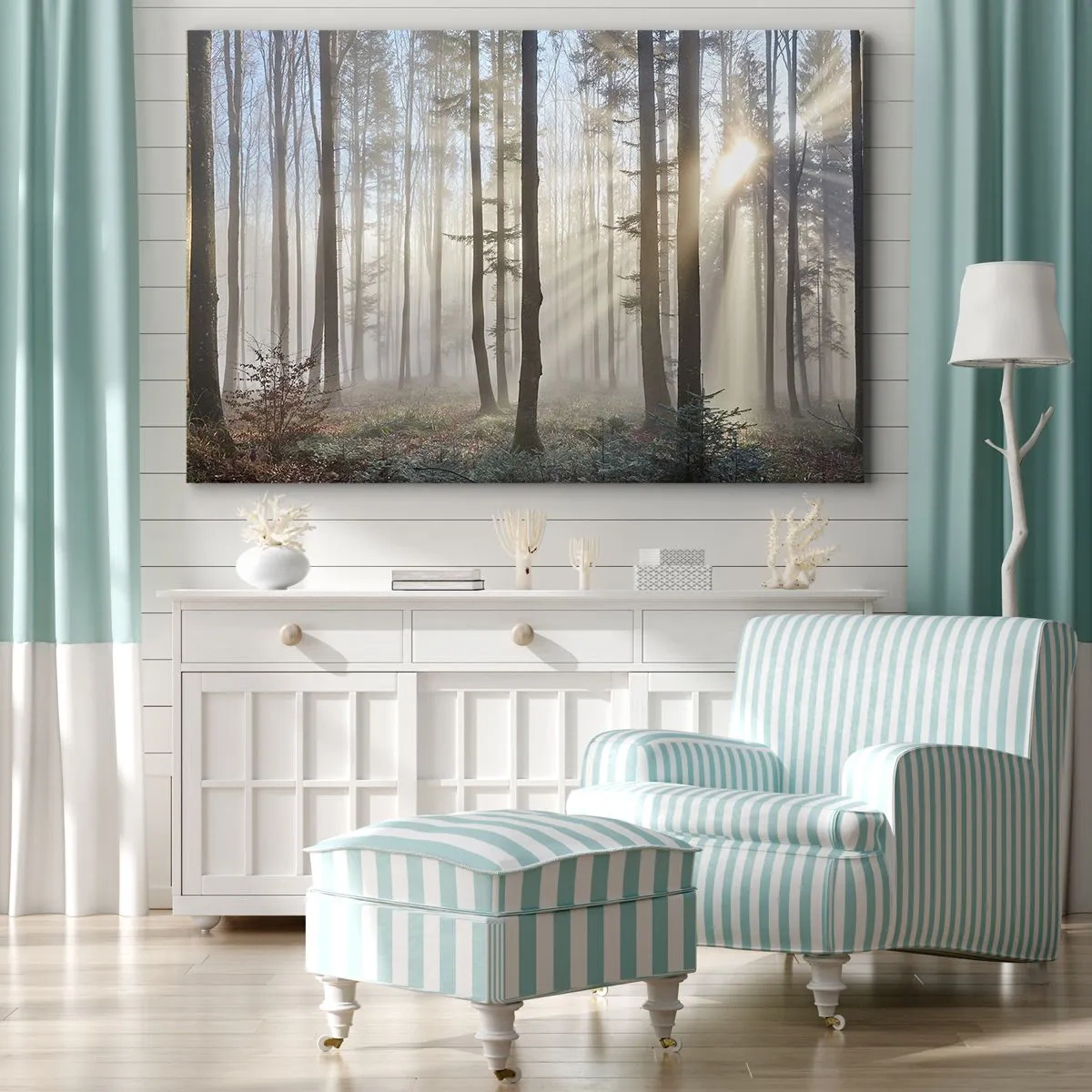 Obraz na plátne - Les v ľahkej hmle s lúčmi slnečného svetla presvitajúcimi cez stromy - 70x50cm - Hmla sa tiež zobudila - Moderná nástenná dekorácia do obývacej izby a spálne ARTTOR