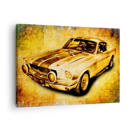 Obraz na plátne - Klasické retro športové auto na vintage pozadí v zlatých tónoch - 70x50cm - Šialené 70. roky - Moderná nástenná dekorácia do obývacej izby a spálne ARTTOR