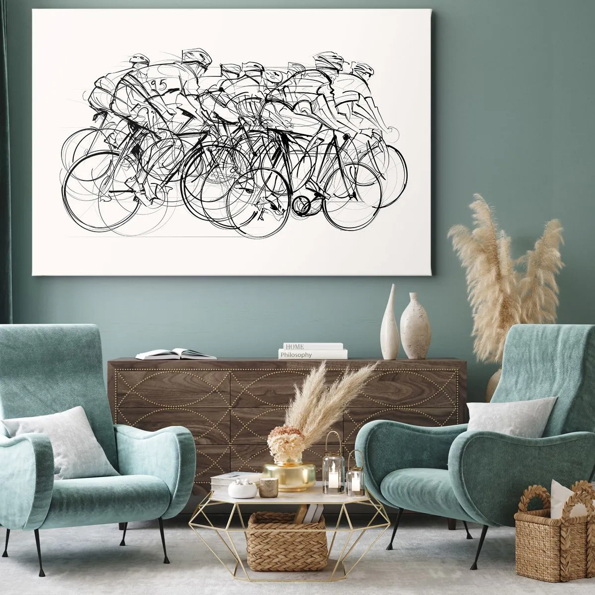 Obraz na plátne - Skupina cyklistov v pohybe v minimalistickom štýle - 70x50cm - Spoločne v tíme - Moderná nástenná dekorácia do obývacej izby a spálne ARTTOR