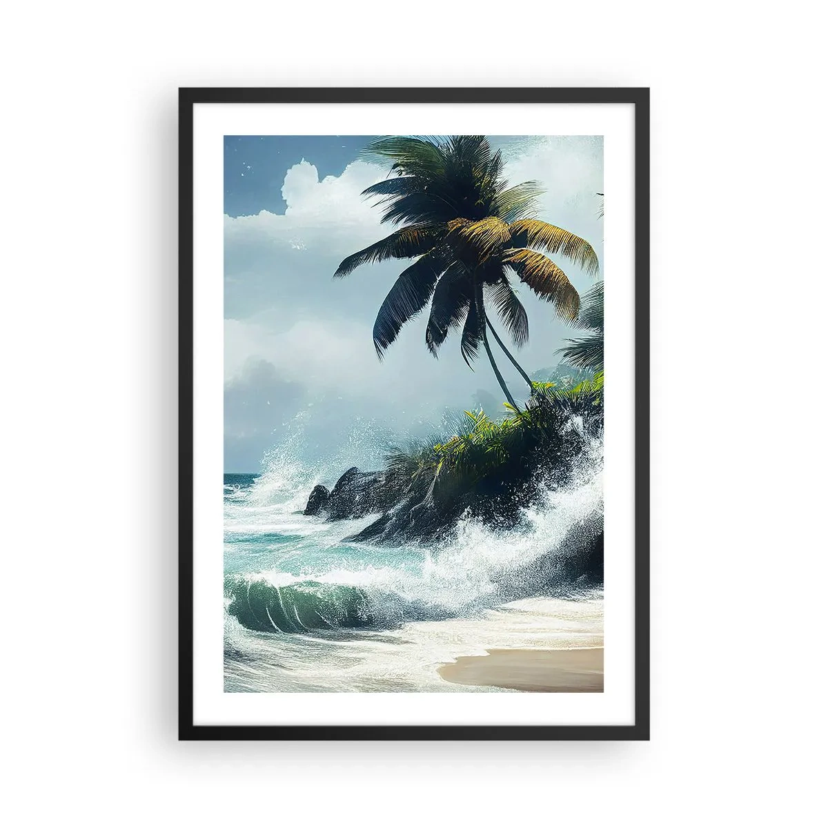 Plagát v čiernom ráme - Tropická pláž s palmami a rozbúreným oceánom - 50x70cm - Na tropickom pobreží - Moderná nástenná dekorácia do obývacej izby a spálne ARTTOR