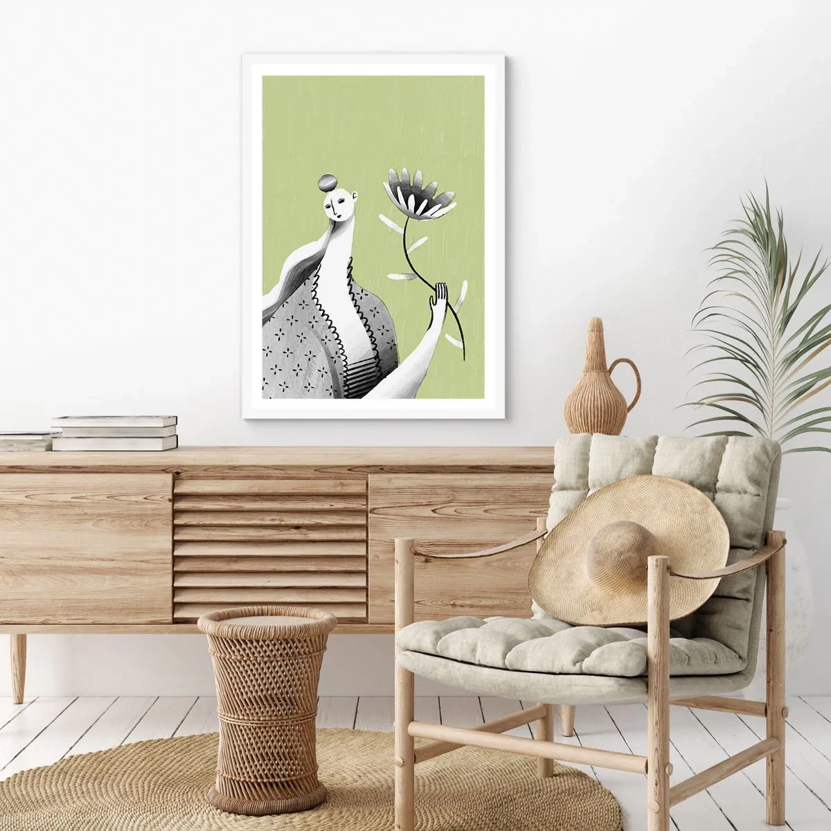 Plagát v bielom ráme - Modernistický portrét – držiaci kvet - 61x91 cm