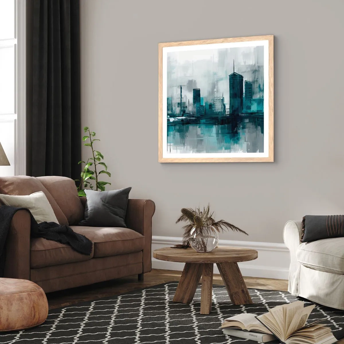 Plagát v ráme zo svetlého duba - Mesto vo farbe dažďa - 50x50 cm