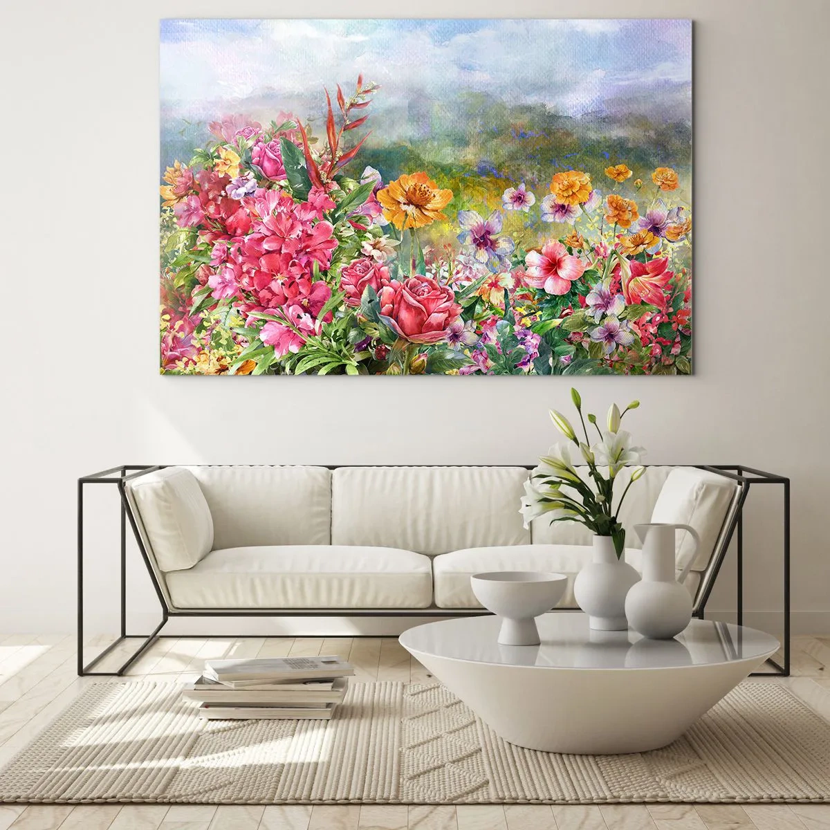 Obraz na skle - Kytica farebných kvetov na pozadí malebnej krajiny - 70x50cm - Záhrada, ktorá sa zbláznila - Moderná nástenná dekorácia do obývacej izby a spálne ARTTOR