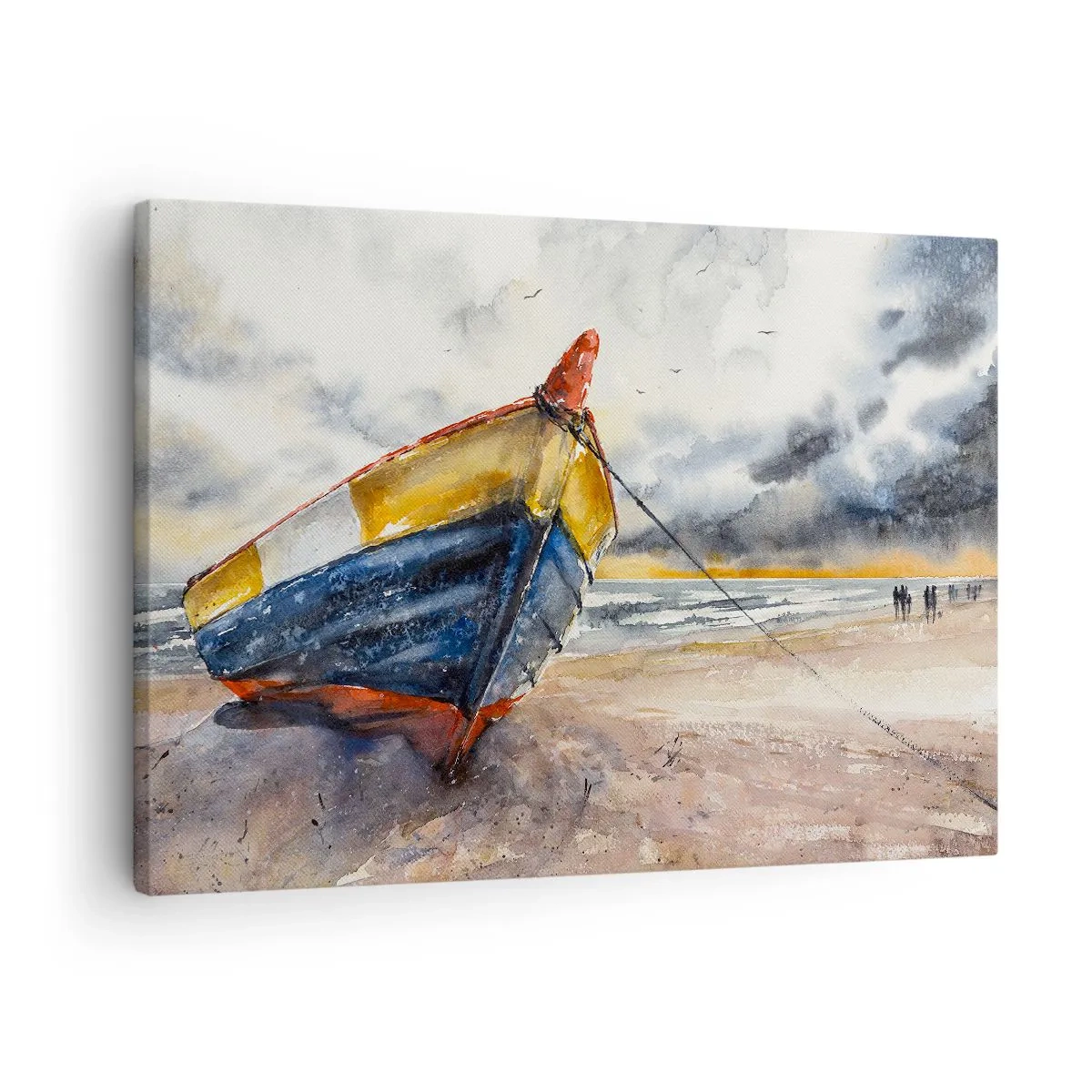 Obraz na plátne - Malebná loď na pláži pod zamračenou oblohou - 70x50cm - Odpočinok na brehu - Moderná nástenná dekorácia do obývacej izby a spálne ARTTOR