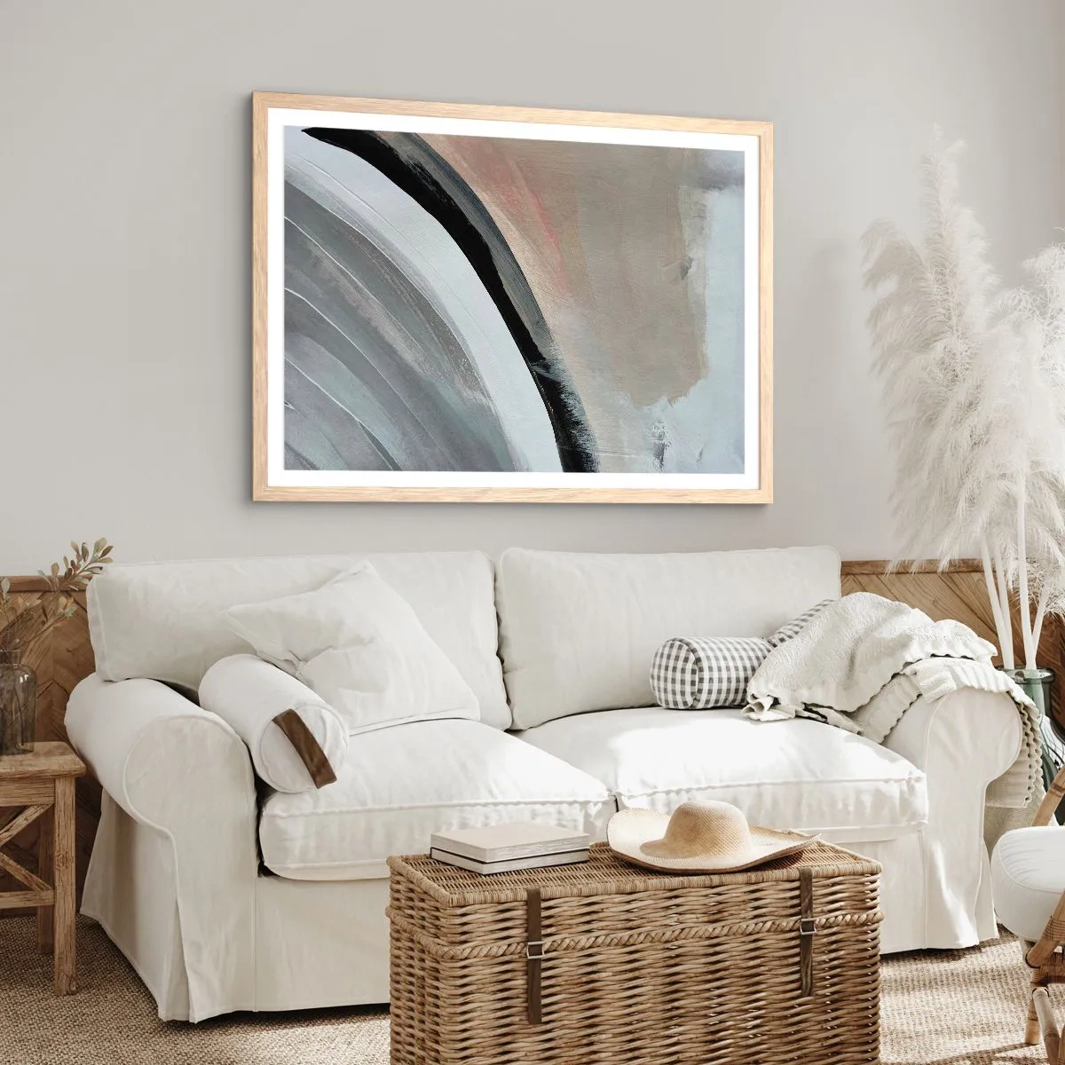 Plagát v ráme zo svetlého duba - Kompozícia: čierny a šedý oblúk - 91x61 cm