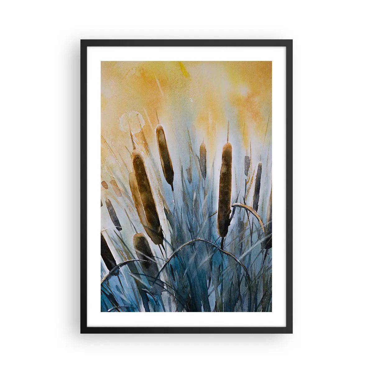 Plagát v čiernom ráme - Maliarska kompozícia z trstiny v teplom svetle - 50x70cm - Chlad vody, žiara slnka - Moderná nástenná dekorácia do obývacej izby a spálne ARTTOR