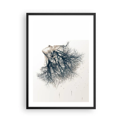 Plagát v čiernom ráme - Ženská tvár s konármi tvoriacimi vlasy v surrealistickom štýle. - 50x70cm - Očarená šepotom stromu - Moderná nástenná dekorácia do obývacej izby a spálne ARTTOR