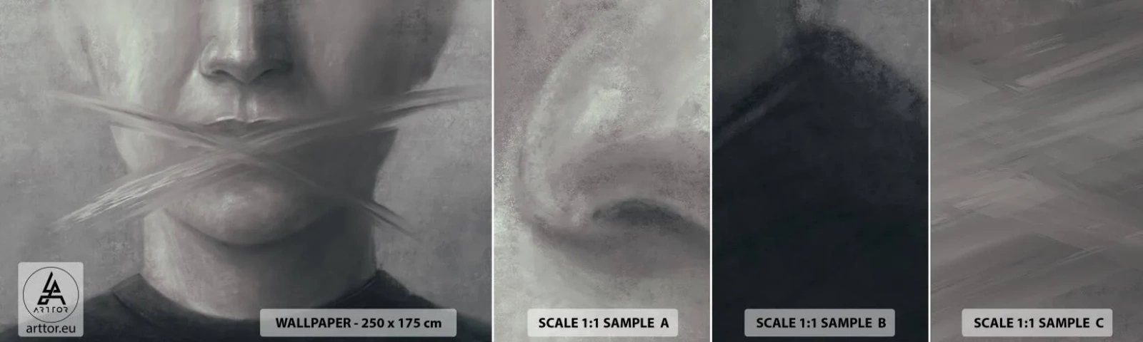 Vzorka samolepiacej fototapety Deluxe Sticker - Ani slovo - Abstrakcia, Grafika, Tvár - 100x30 cm