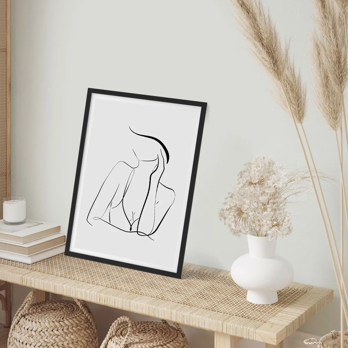 Plagát v čiernom ráme - Minimalistická línia zobrazujúca siluetu ženy - 50x70cm - Na vlne snov - Moderná nástenná dekorácia do obývacej izby a spálne ARTTOR