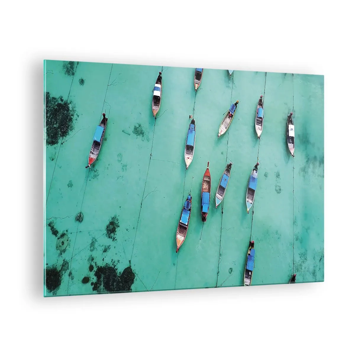 Obraz na skle - Lode na tyrkysovej vode zhora - 70x50cm - V radostnom očakávaní - Moderná nástenná dekorácia do obývacej izby a spálne ARTTOR