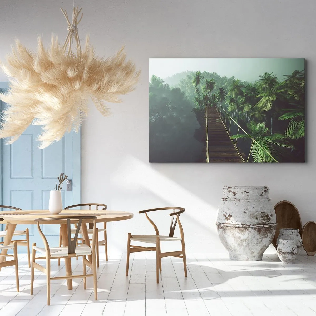 Obraz na plátne - Visutý most v tropickom lese obklopený hmlou. - 70x50cm - Pri vodopáde zelene - Moderná nástenná dekorácia do obývacej izby a spálne ARTTOR