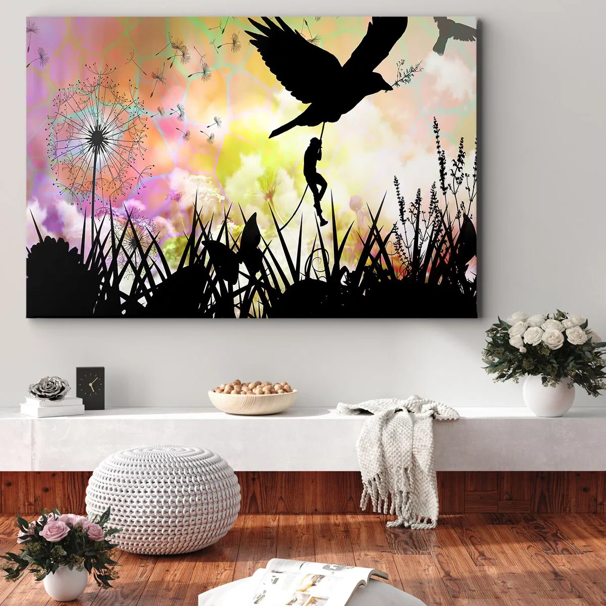 Obraz na plátne - Silueta prírody s vtákom a púpavou - 70x50cm - V rozprávkovej atmosfére - Moderná nástenná dekorácia do obývacej izby a spálne ARTTOR