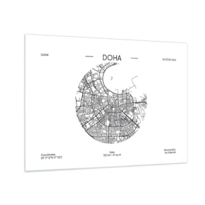 Obraz na skle - Grafická mapa Dauhy v čiernobielom minimalistickom štýle. - 70x50cm - Anatómia Dauhy - Moderná nástenná dekorácia do obývacej izby a spálne ARTTOR