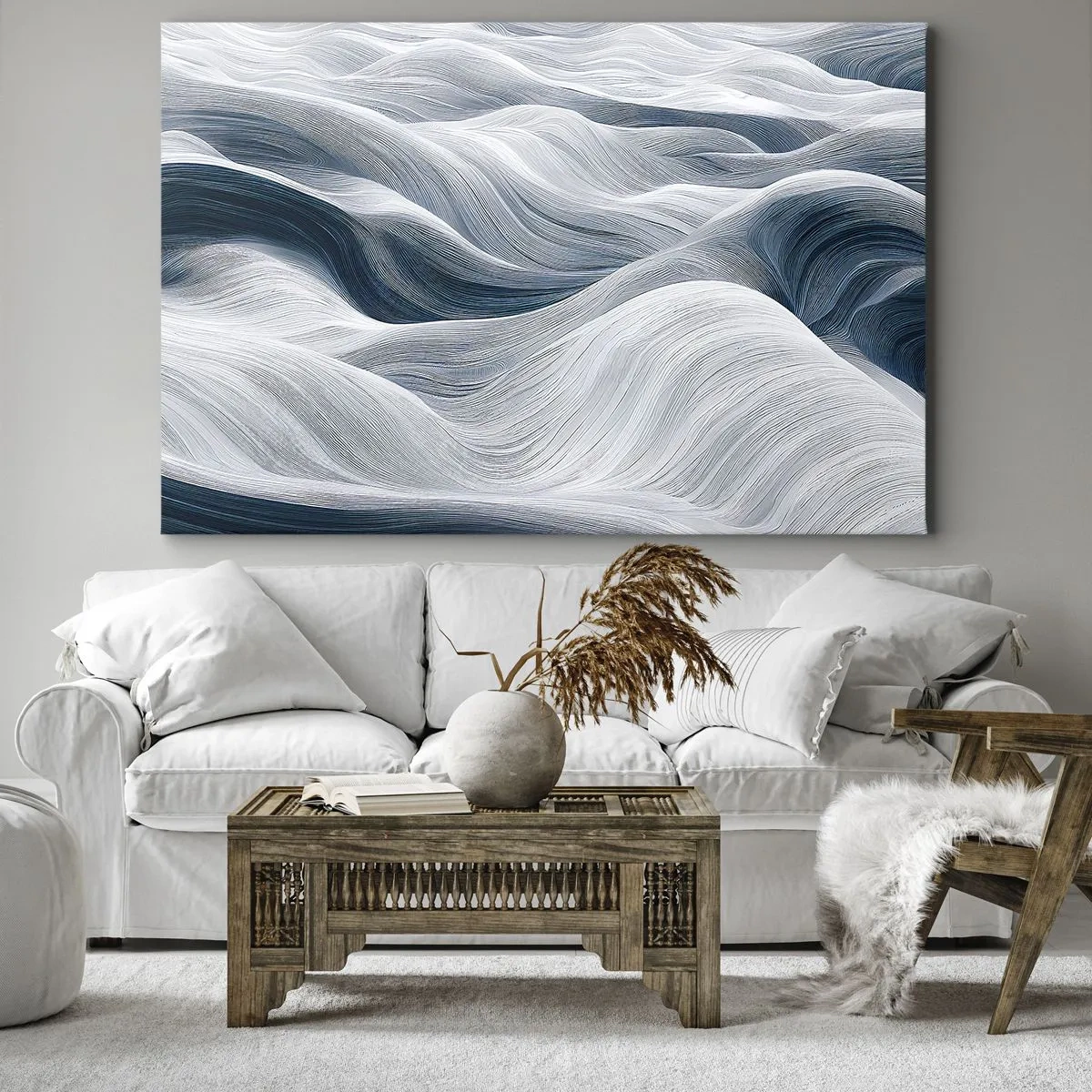 Obraz na plátne - Vlnité čiary v odtieňoch modrej a bielej - 70x50cm - Biele a modré vlny - Moderná nástenná dekorácia do obývacej izby a spálne ARTTOR