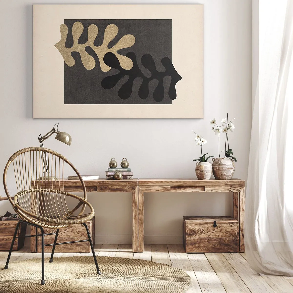 Obraz na plátne - Abstraktné listy v čiernej a béžovej farbe na obdĺžnikovom pozadí - 70x50cm - Neprítomnosť a doplnenie - Moderná nástenná dekorácia do obývacej izby a spálne ARTTOR