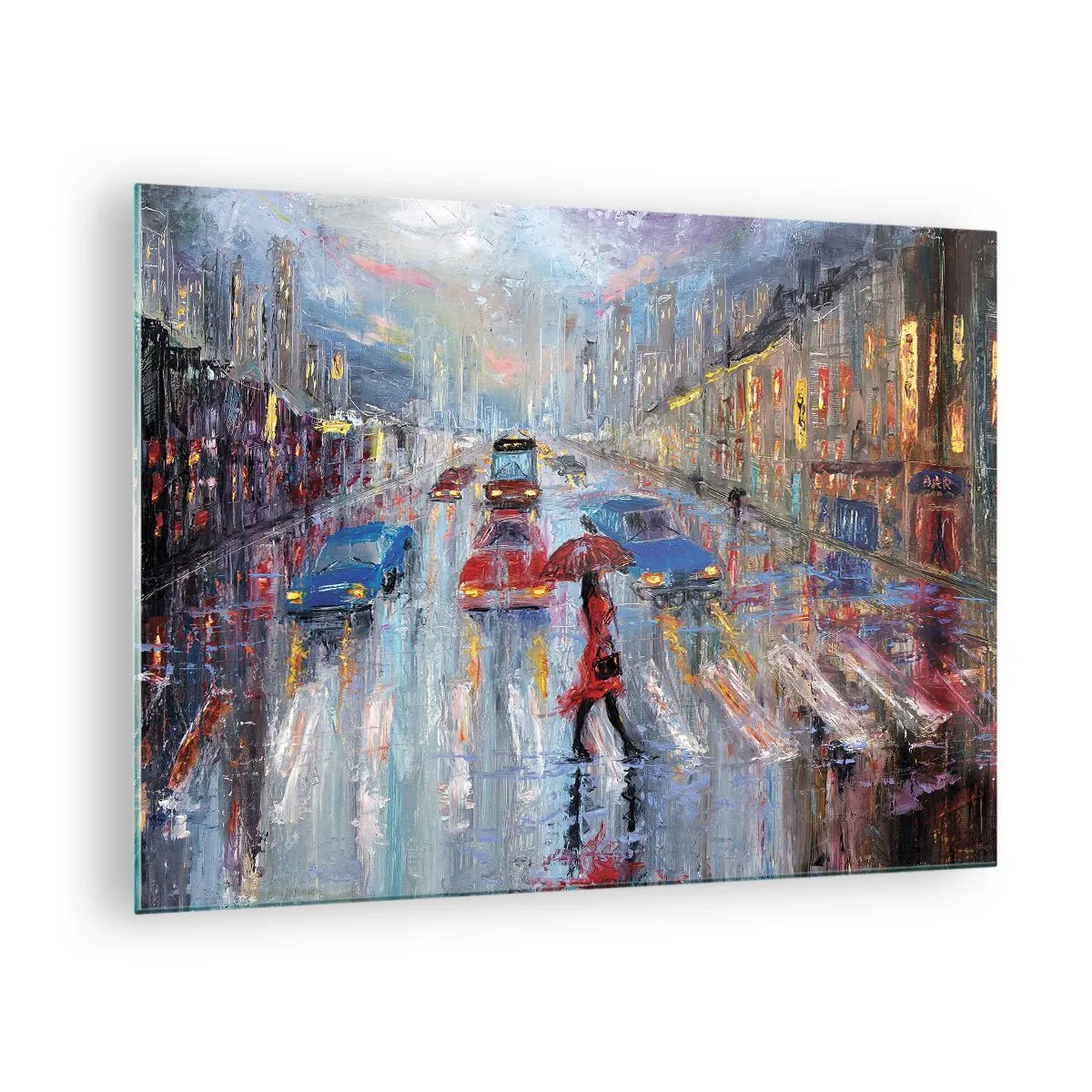 Obraz na skle - Mestská scéna v noci s dažďom a farebnými svetlami - 70x50cm - Daždivé popoludnie v meste - Moderná nástenná dekorácia do obývacej izby a spálne ARTTOR