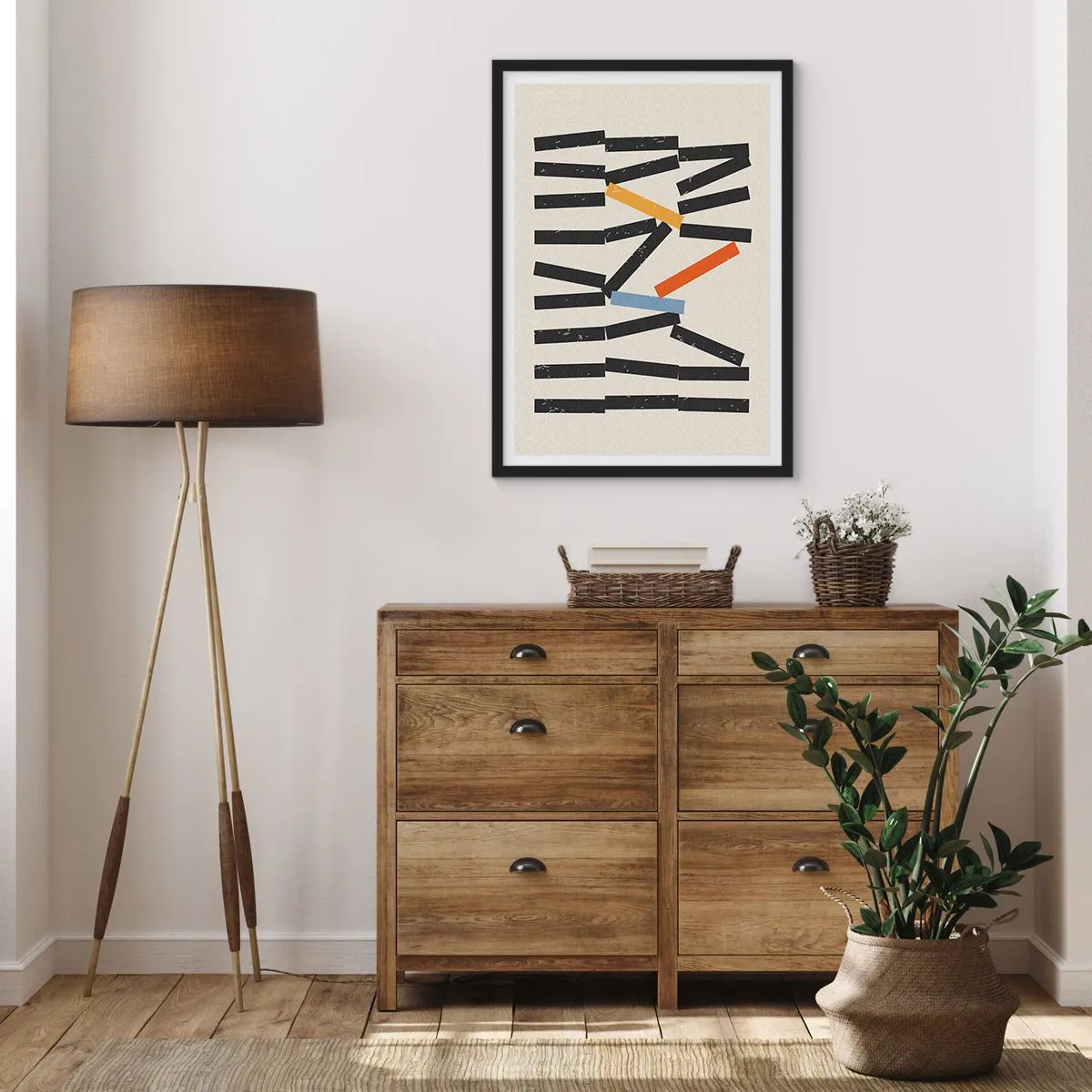 Plagát v čiernom ráme - Abstraktná geometrická kompozícia s farebnými akcentmi - 50x70cm - Domino – kompozícia - Moderná nástenná dekorácia do obývacej izby a spálne ARTTOR