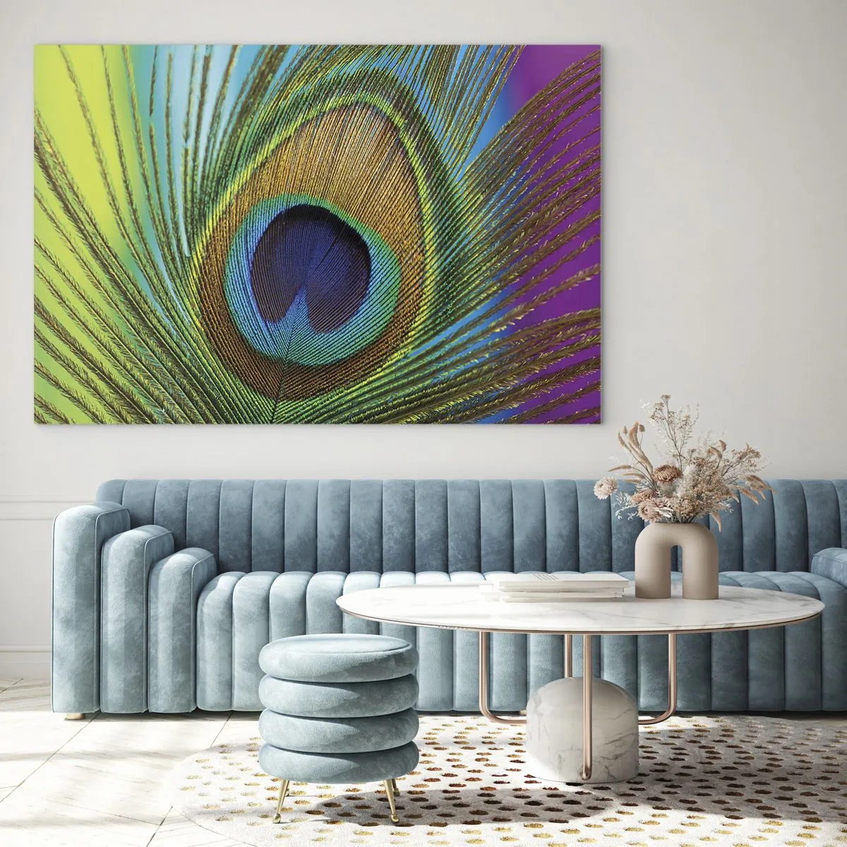 Obraz na skle - Detailný záber na farebné pávie pero - 70x50cm - Tvárou v tvár - Moderná nástenná dekorácia do obývacej izby a spálne ARTTOR
