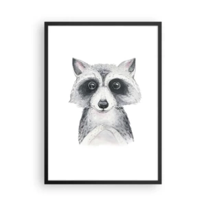 Plagát v čiernom ráme - Roztomilý mýval zobrazený na bielom pozadí - 50x70cm - Chvíľa dojatia - Moderná nástenná dekorácia do obývacej izby a spálne ARTTOR