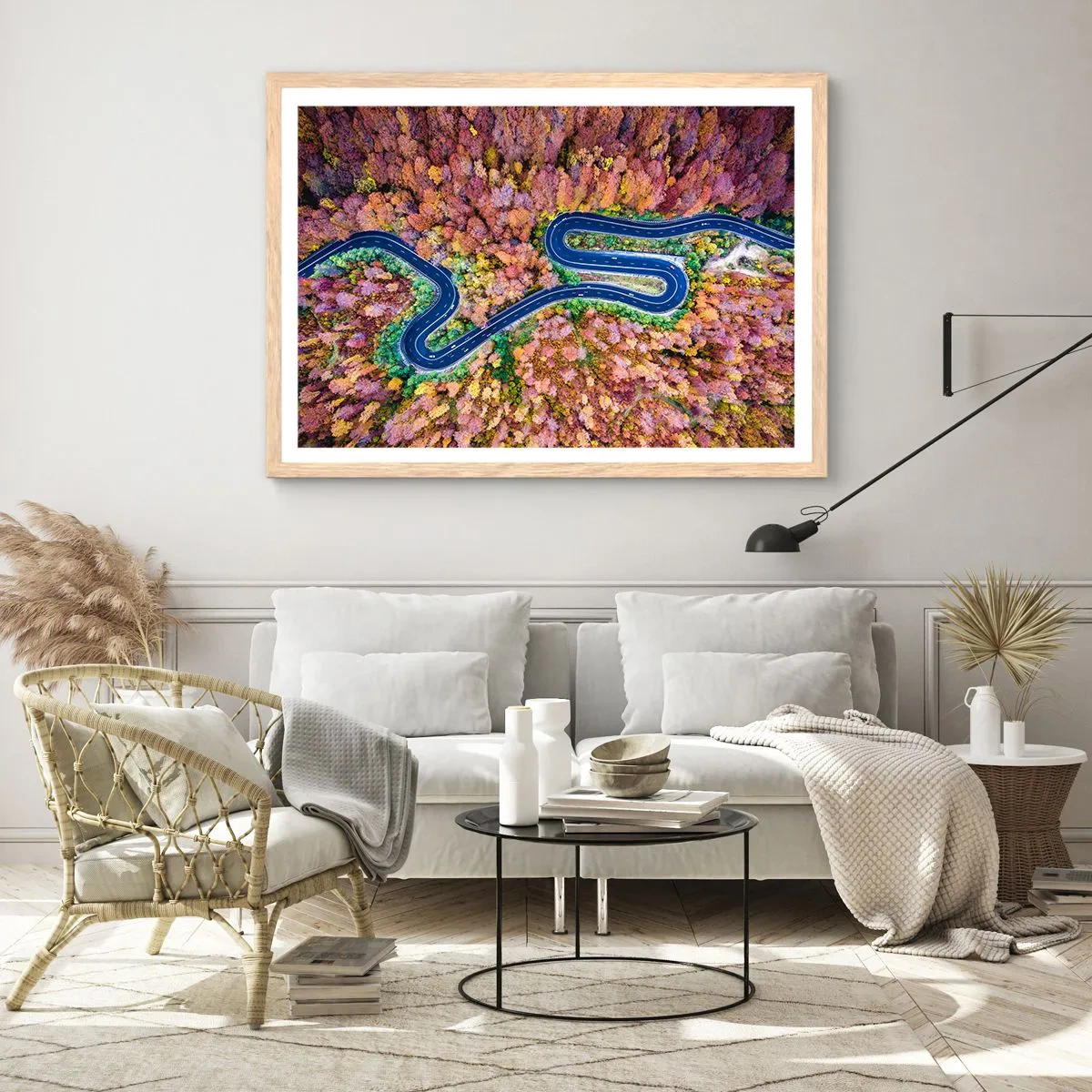 Plagát v ráme zo svetlého duba - Kľukatá cesta lesom - 40x30 cm