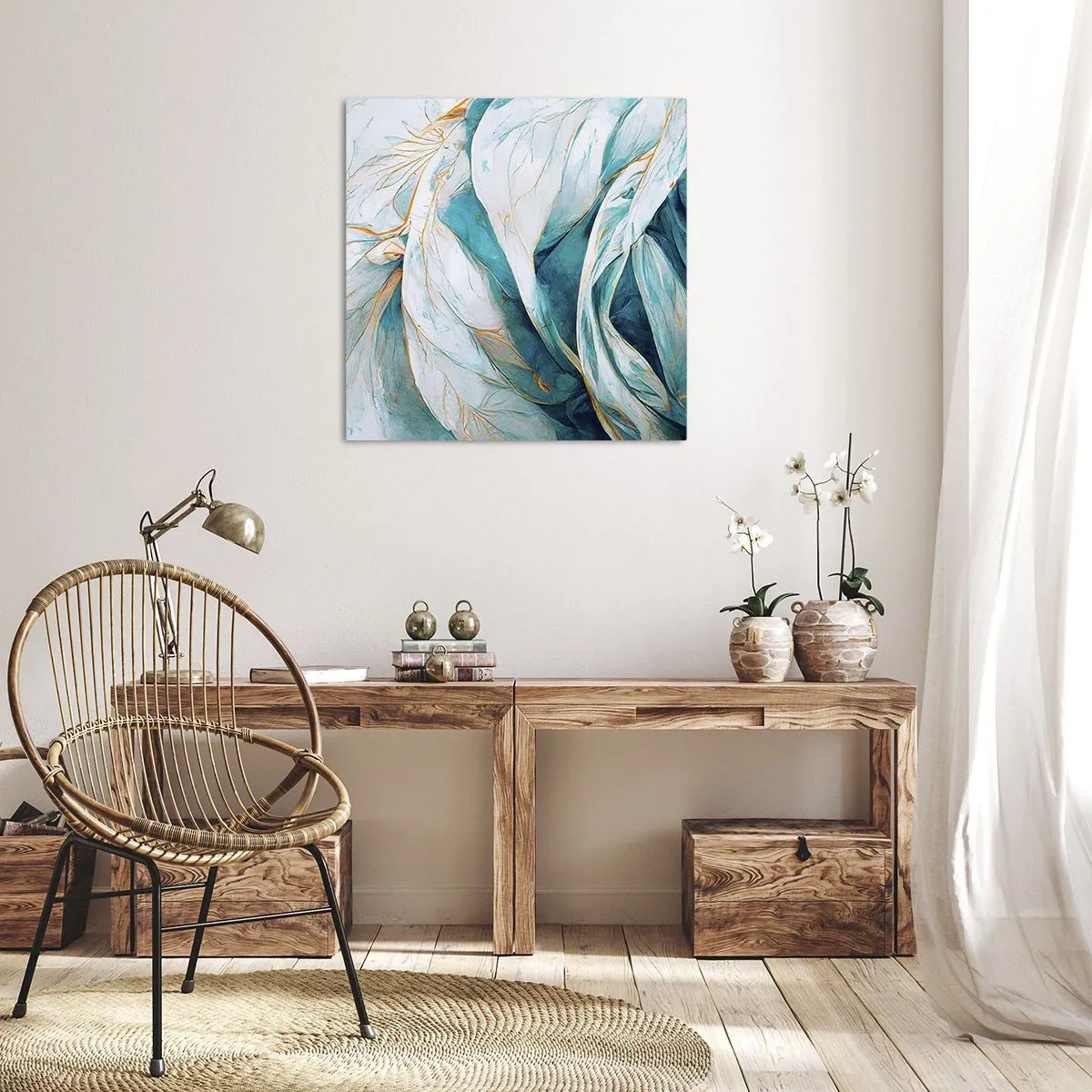 Obraz na plátne - Modrá abstrakcia so zlatým motívom - 40x40 cm