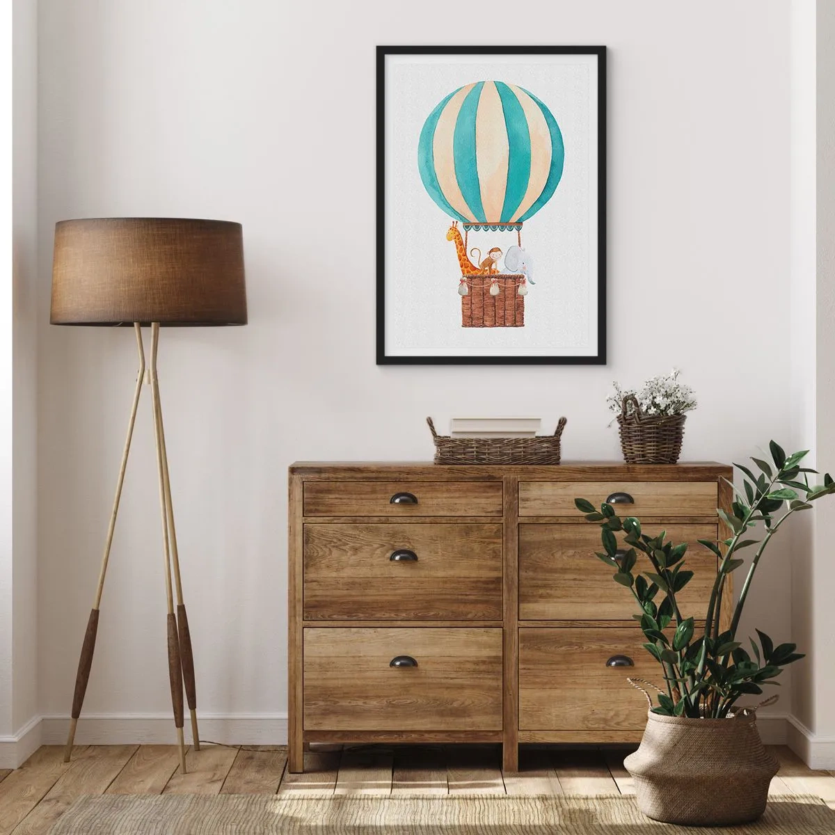 Plagát v čiernom ráme - Akvarelová ilustrácia teplovzdušného balóna s roztomilými zvieratkami - 50x70cm - Fantastický výlet - Moderná nástenná dekorácia do obývacej izby a spálne ARTTOR