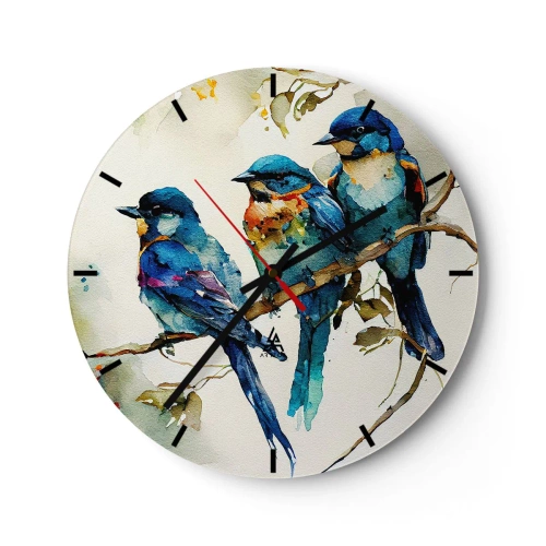 Nástenné hodiny - Farebné vtáky na konári v štýle akvarelovej ilustrácie - 30x30cm - Urazil sa? - Moderná nástenná dekorácia do obývacej izby, kuchyne a spálne ARTTOR