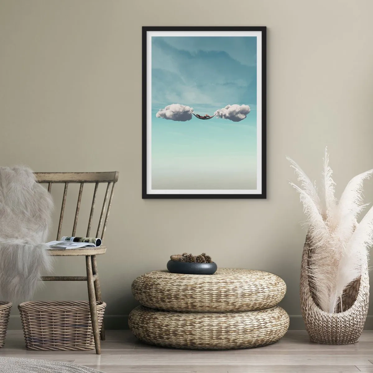 Plagát v čiernom ráme - Hojdacia sieť zavesená medzi dvoma oblakmi na oblohe - 50x70cm - Blaženosť okamihu - Moderná nástenná dekorácia do obývacej izby a spálne ARTTOR