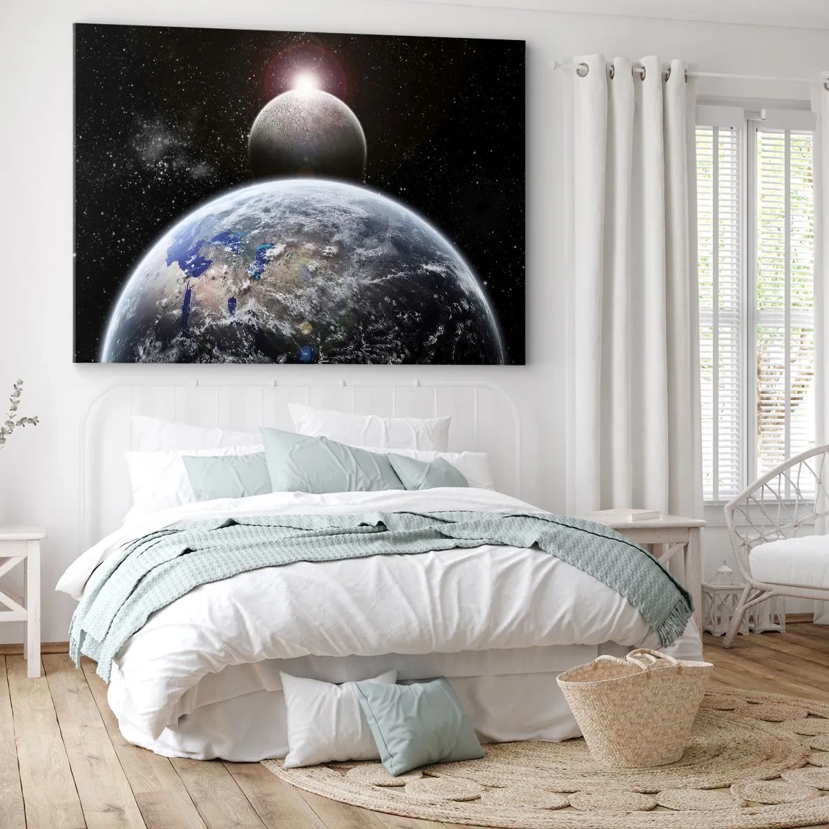Obraz na plátne - Planéta Zem a Mesiac na pozadí hviezdneho vesmíru. - 70x50cm - Vesmírna krajina - východ slnka - Moderná nástenná dekorácia do obývacej izby a spálne ARTTOR