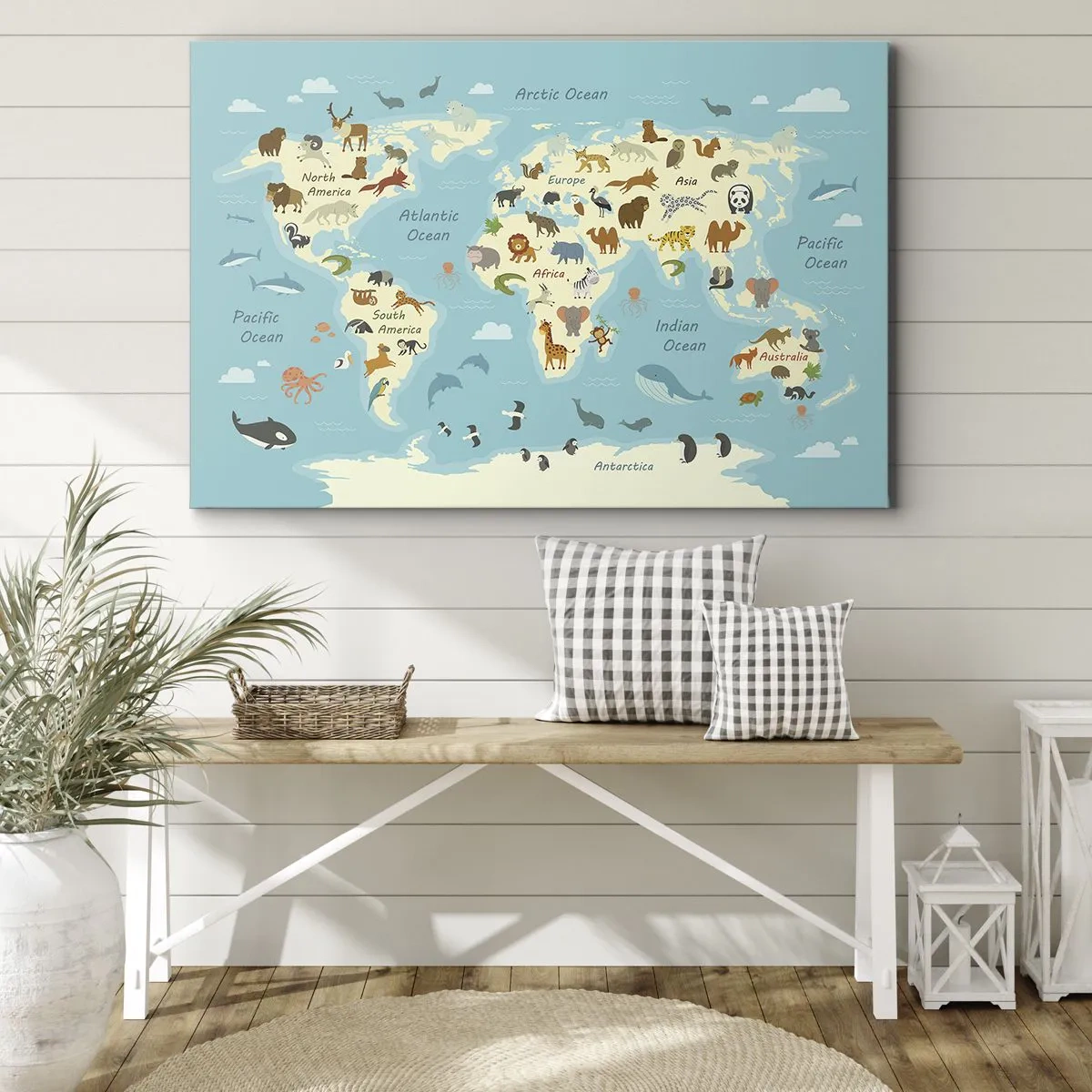 Obraz na plátne - Mapa sveta s ilustráciami zvierat - 70x50cm - Dobrí susedia - Moderná nástenná dekorácia do obývacej izby a spálne ARTTOR