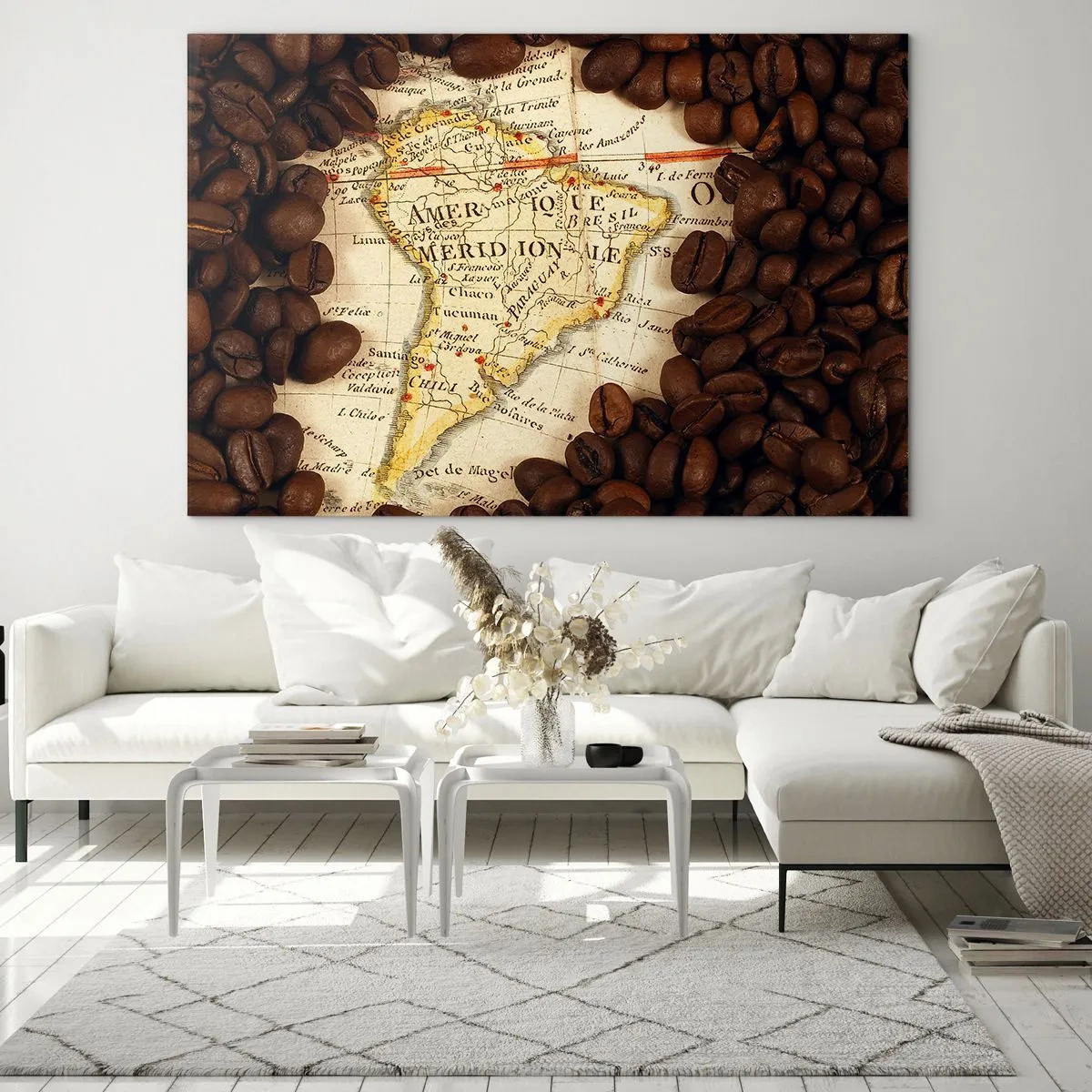 Obraz na skle - Mapa Južnej Ameriky obklopená kávovými zrnami. - 70x50cm - Odkiaľ je najlepšia káva? - Moderná nástenná dekorácia do obývacej izby a spálne ARTTOR