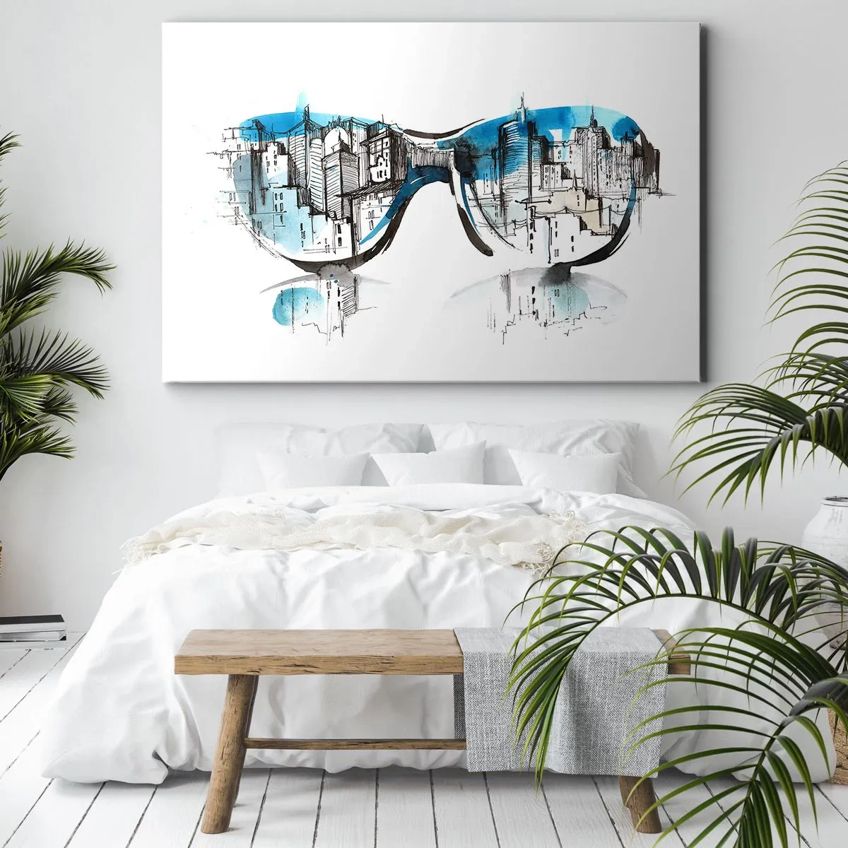 Obraz na plátne - Akvarel panorámy mesta odrážajúcej sa v okuliaroch - 70x50cm - Veľkomestská elegancia - Moderná nástenná dekorácia do obývacej izby a spálne ARTTOR