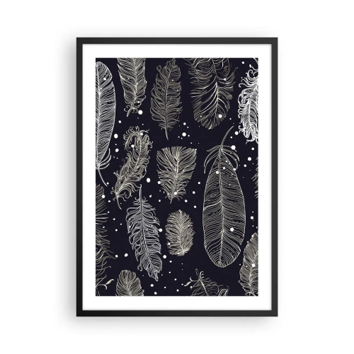Plagát v čiernom ráme - Biele perie na čiernom pozadí v elegantnom aranžmáne - 50x70cm - Čipka s perím - Moderná nástenná dekorácia do obývacej izby a spálne ARTTOR