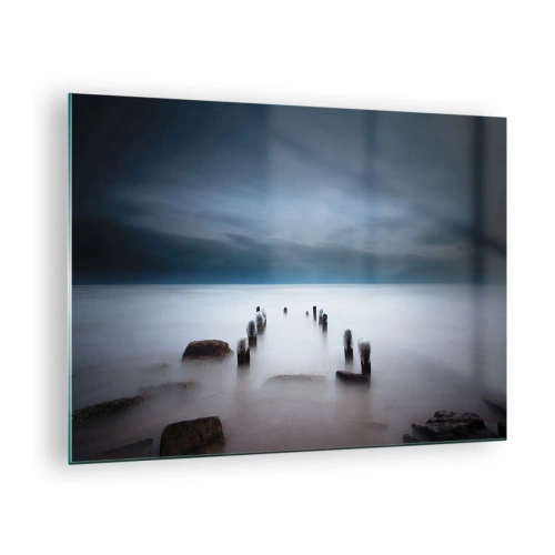 Obraz na skle - Atmosférická prímorská scenéria s drevenými piliermi - 70x50cm - Zamyslené jazero - Moderná nástenná dekorácia do obývacej izby a spálne ARTTOR
