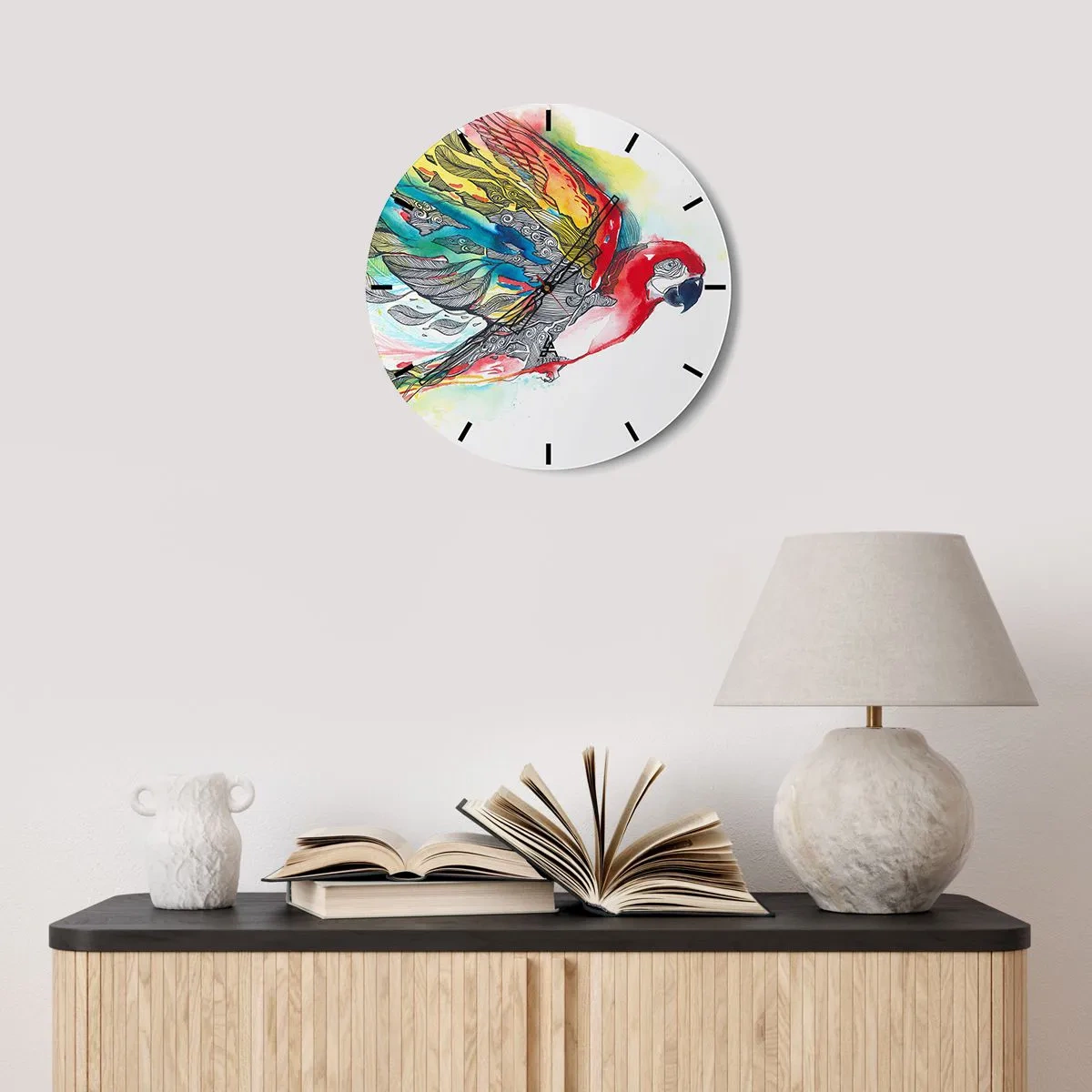 Nástenné hodiny - Papagáj v intenzívnych farbách s ozdobnými vzormi na krídlach - 30x30cm - Ži farebne - Moderná nástenná dekorácia do obývacej izby, kuchyne a spálne ARTTOR