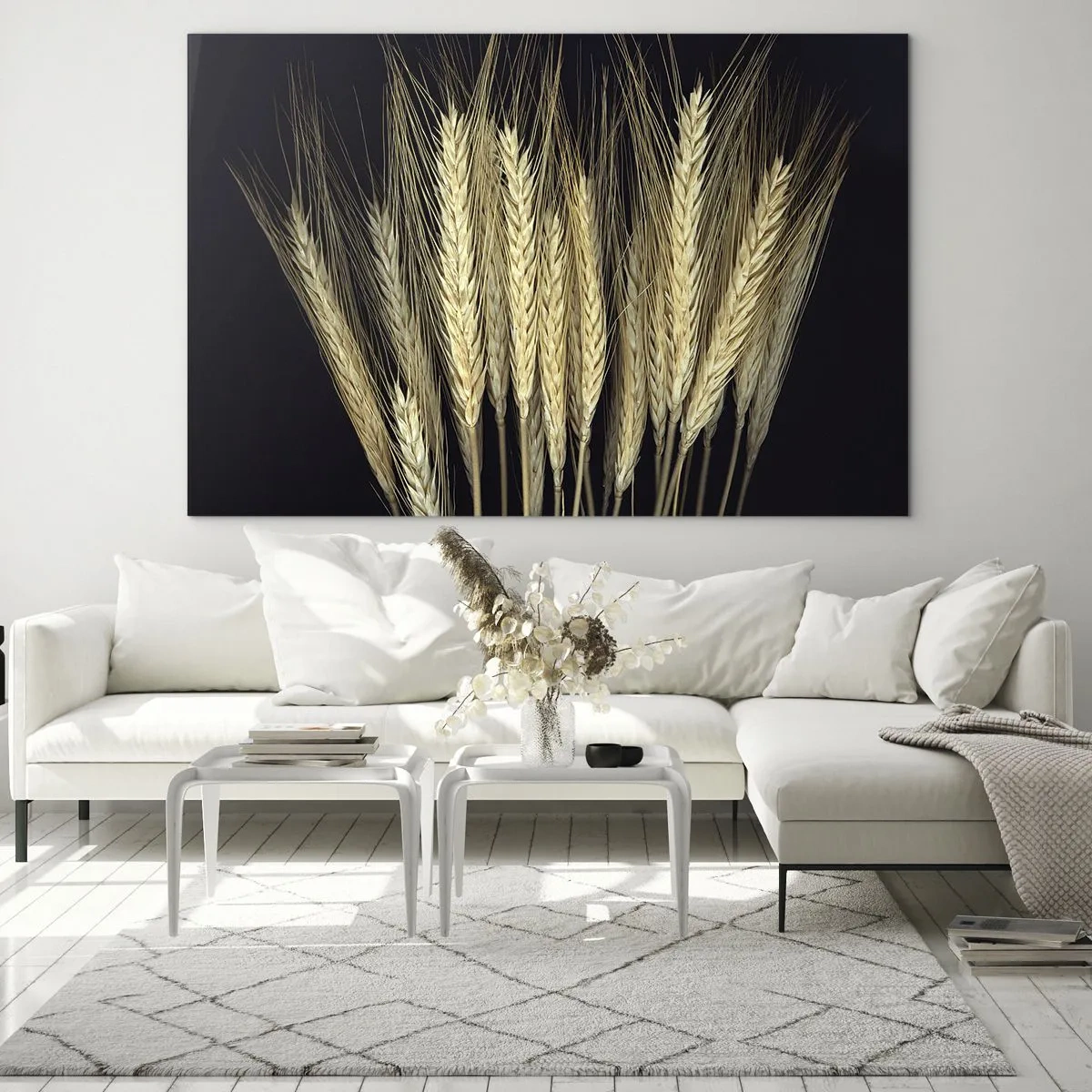 Obraz na skle - Obilniny v teplých tónoch na čiernom pozadí - 70x50cm - Rustikálna mágia - Moderná nástenná dekorácia do obývacej izby a spálne ARTTOR