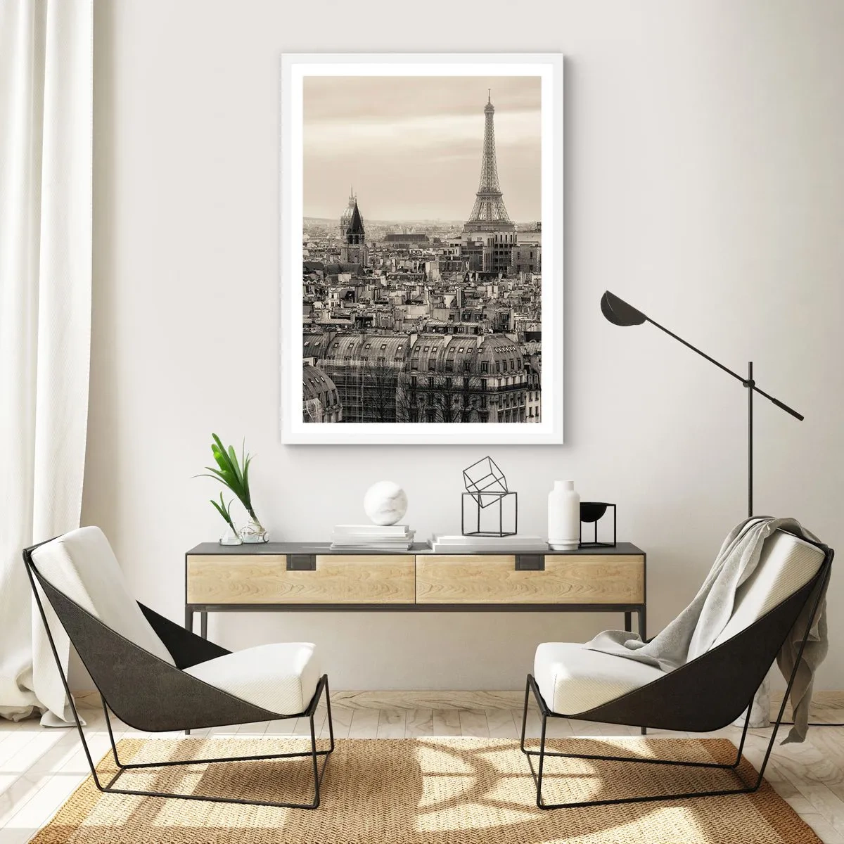Plagát v bielom ráme - Nad strechami Paríža - 50x70 cm