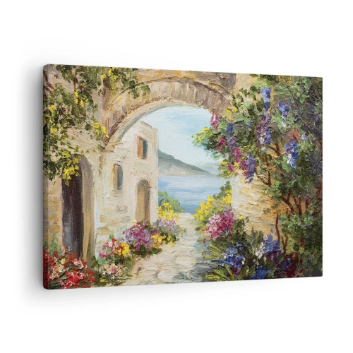 Obraz na plátne - Prímorská krajina s kamennými budovami a kvetmi - 70x50cm - Pôvab pobrežnej krajiny - Moderná nástenná dekorácia do obývacej izby a spálne ARTTOR