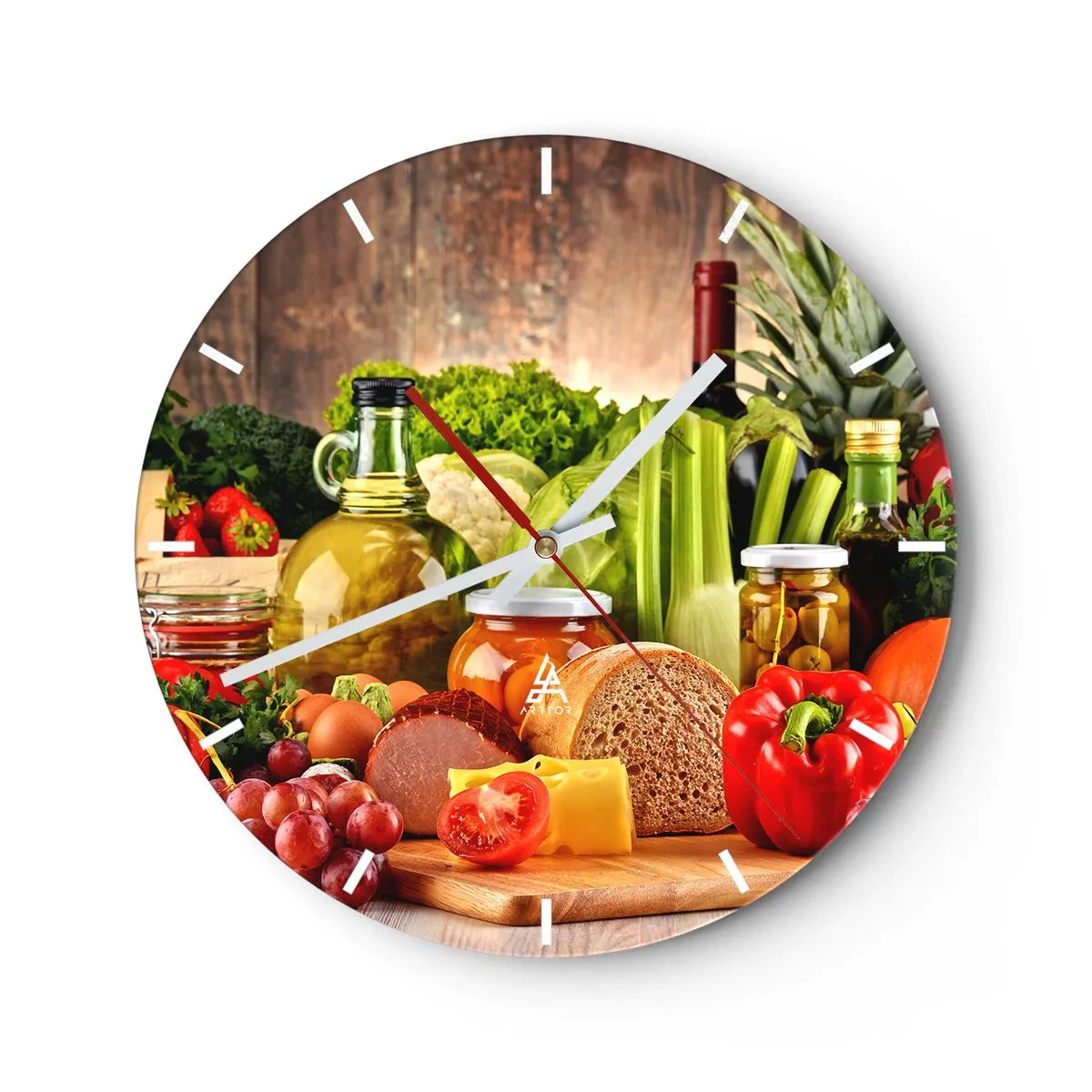 Nástenné hodiny - Rôzne potravinárske výrobky na drevenom pozadí - 30x30cm - Údené, pečené, marinované - Moderná nástenná dekorácia do obývacej izby, kuchyne a spálne ARTTOR