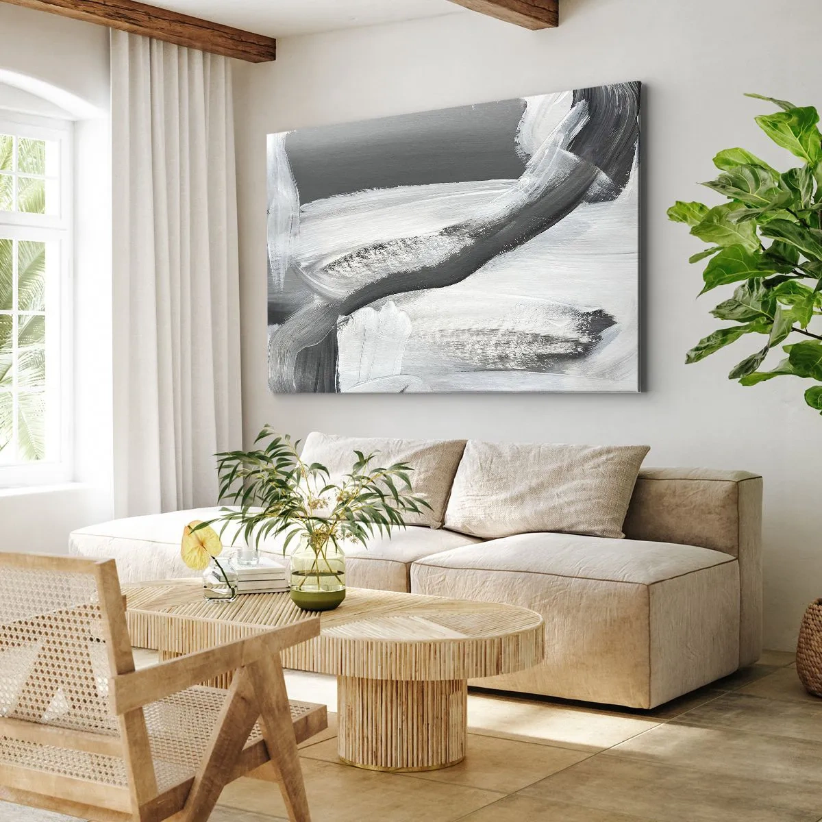 Obraz na plátne - Sivá a biela abstrakcia s dynamickými líniami - 70x50cm - Pevným pohybom - Moderná nástenná dekorácia do obývacej izby a spálne ARTTOR