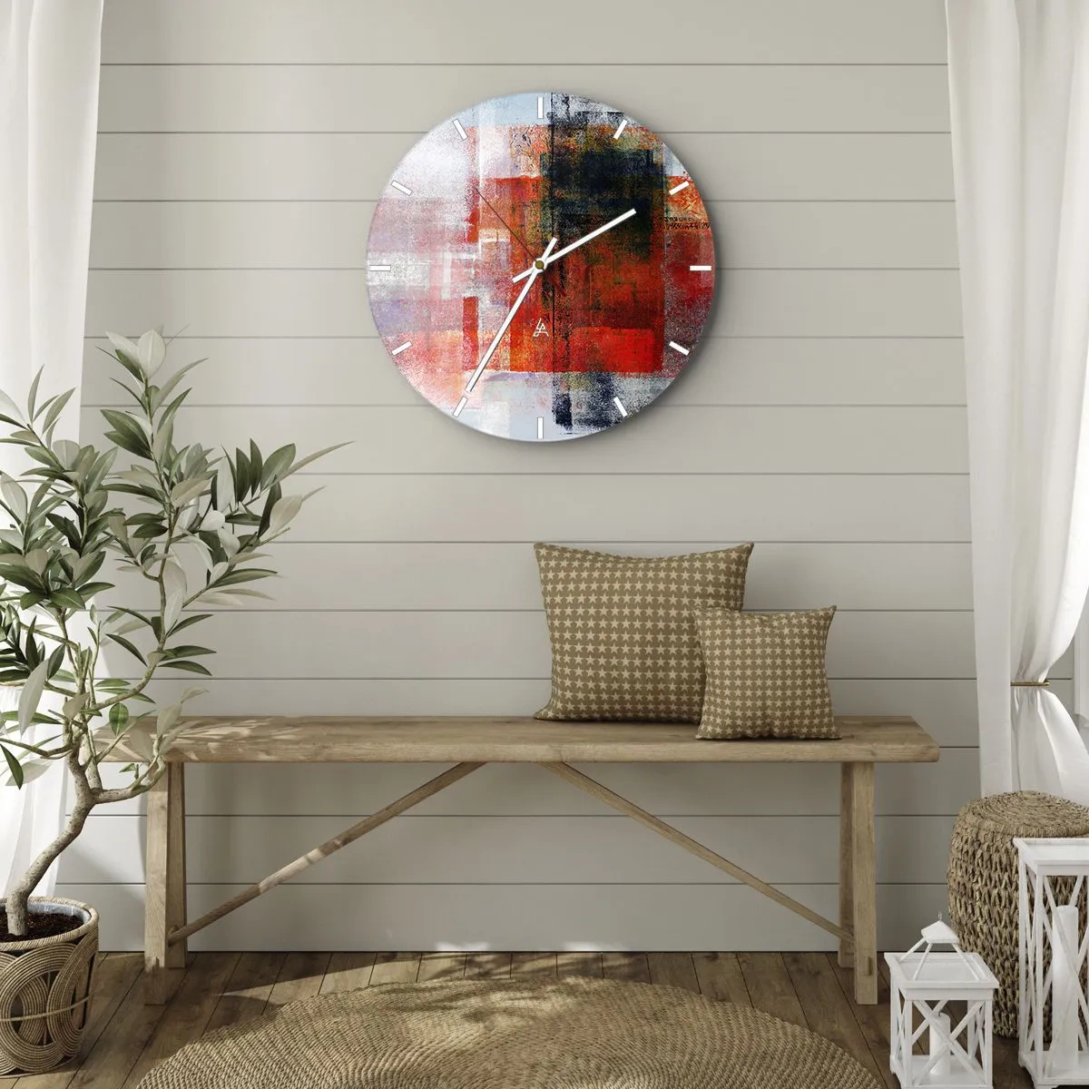 Nástenné hodiny - Abstraktné geometrické tvary v odtieňoch červenej - 30x30cm - Žiariaca kompozícia - Moderná nástenná dekorácia do obývacej izby, kuchyne a spálne ARTTOR