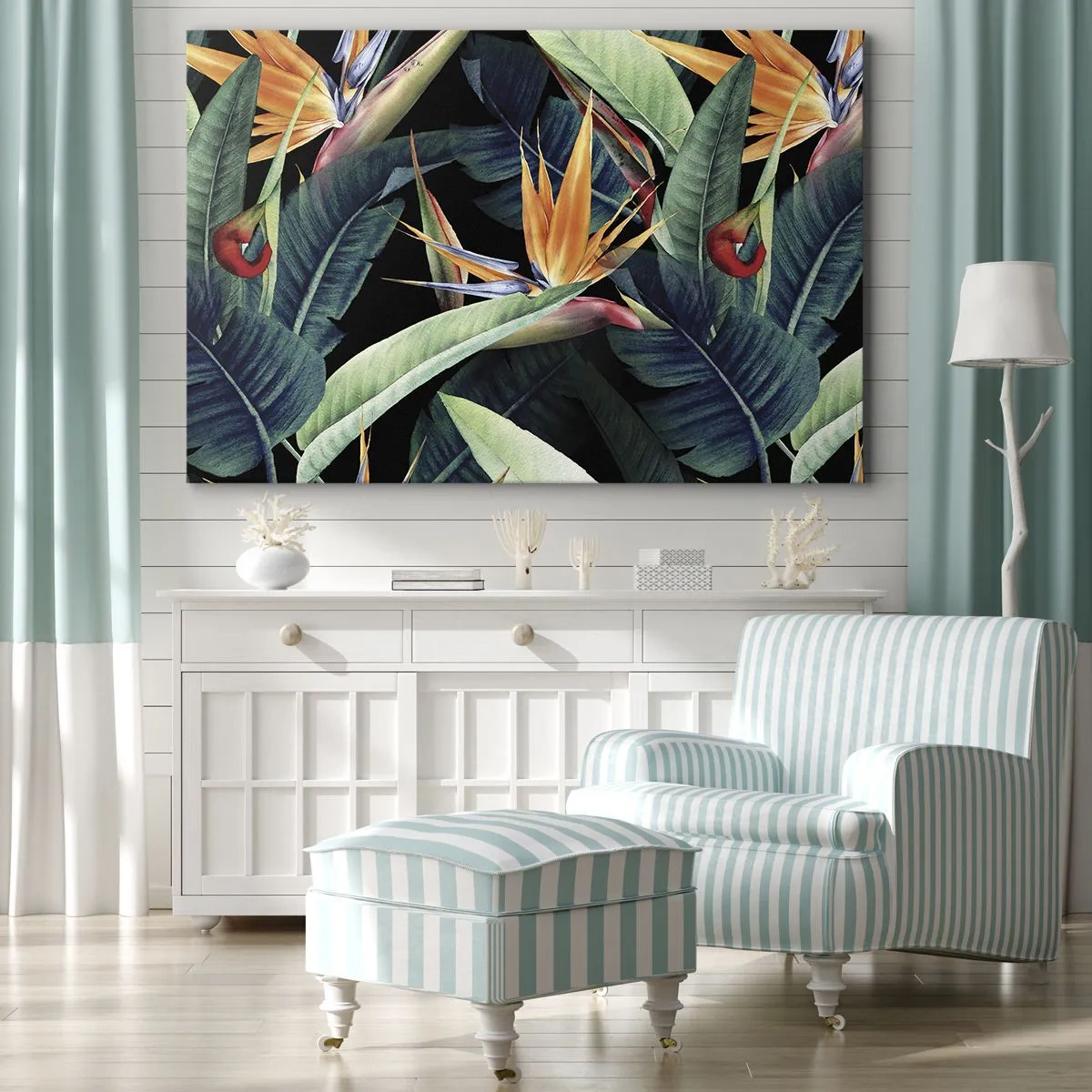 Obraz na plátne - Tropické kvety a listy na čiernom pozadí - 70x50cm - Plamenné kvety trópov - Moderná nástenná dekorácia do obývacej izby a spálne ARTTOR