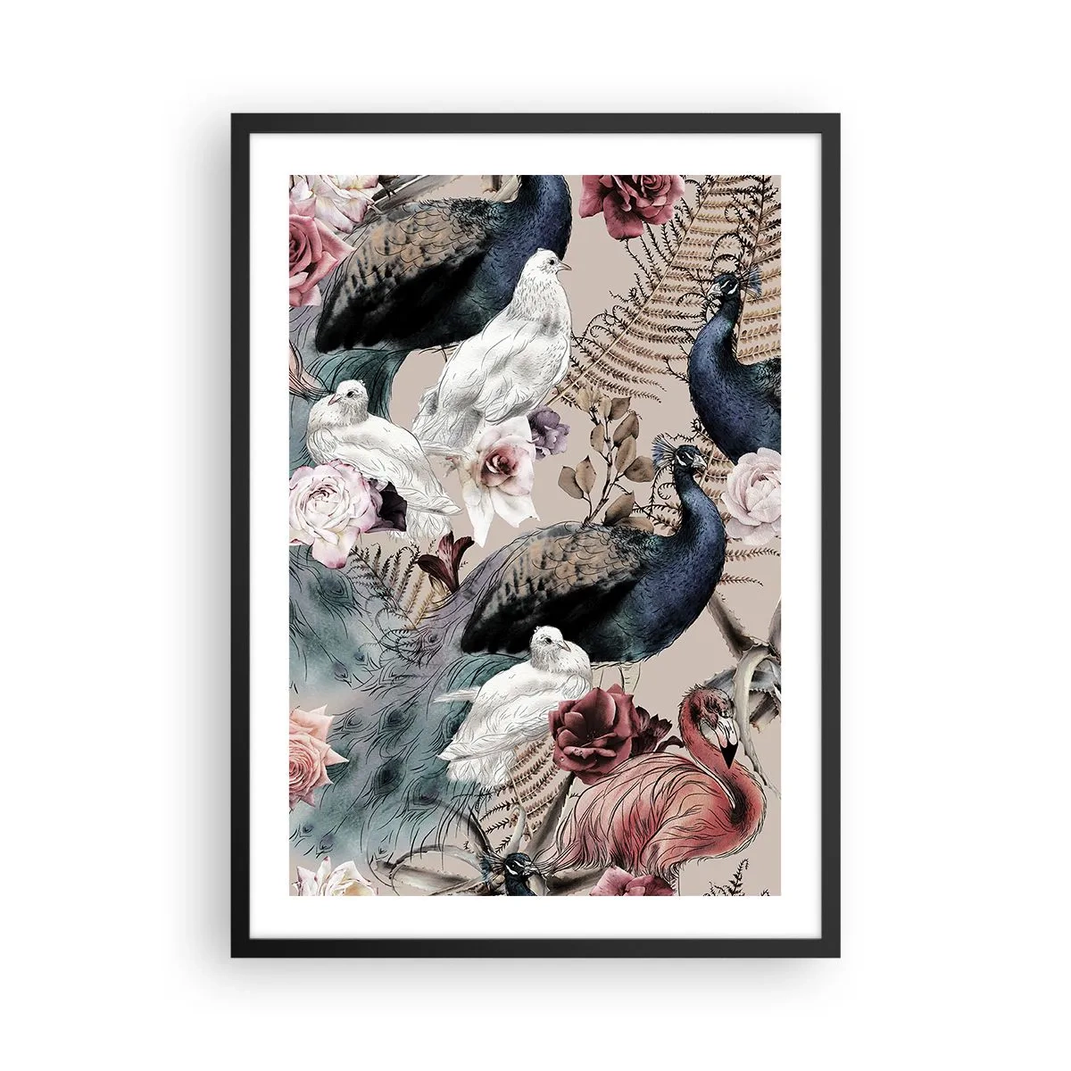 Plagát v čiernom ráme - Farebné vtáky a kvety na béžovom pozadí - 50x70cm - V palácovej záhrade - Moderná nástenná dekorácia do obývacej izby a spálne ARTTOR