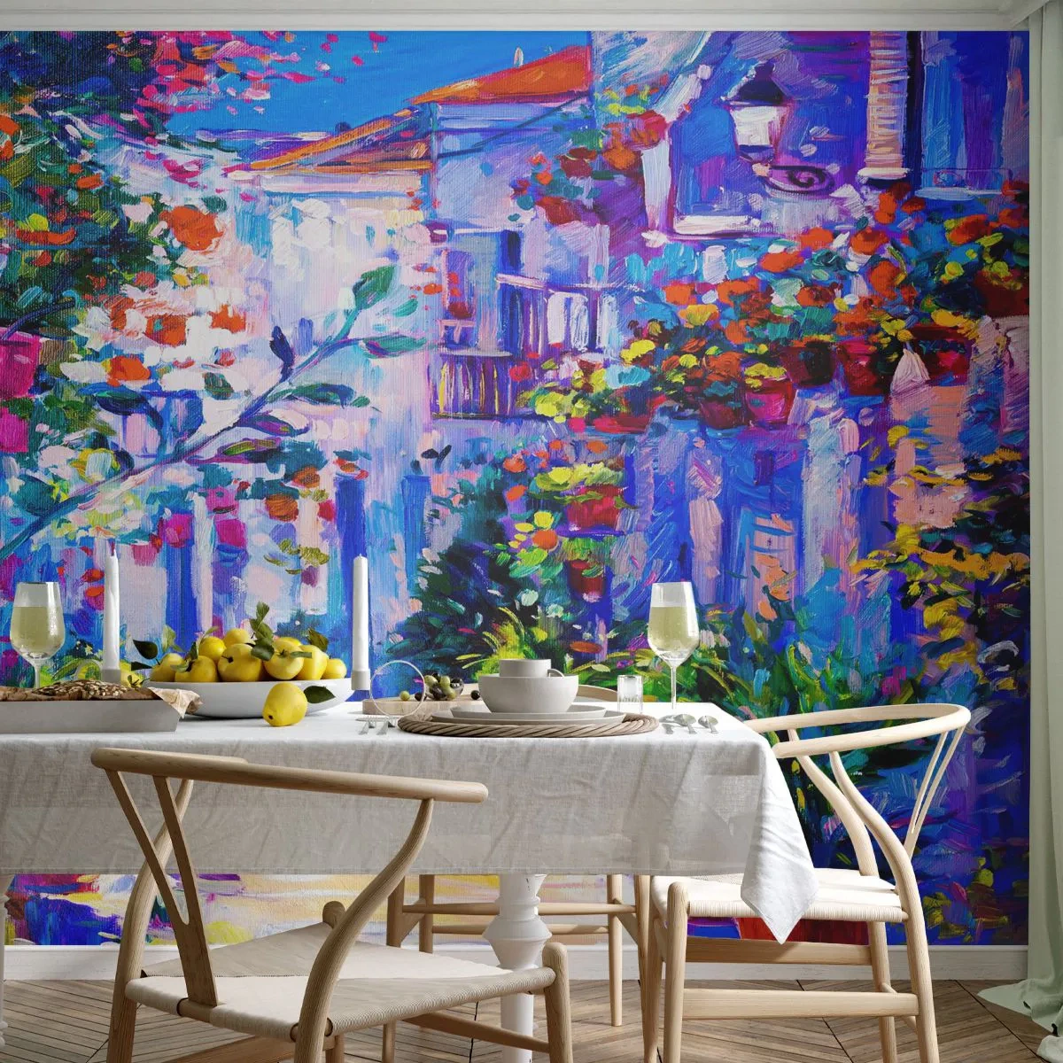 Fototapeta Standard Eco - Farebná ulica s kvetmi v maliarskom štýle - 100x70cm - Impresia - talianska ulička - Moderná nástenná dekorácia do obývacej izby a spálne ARTTOR