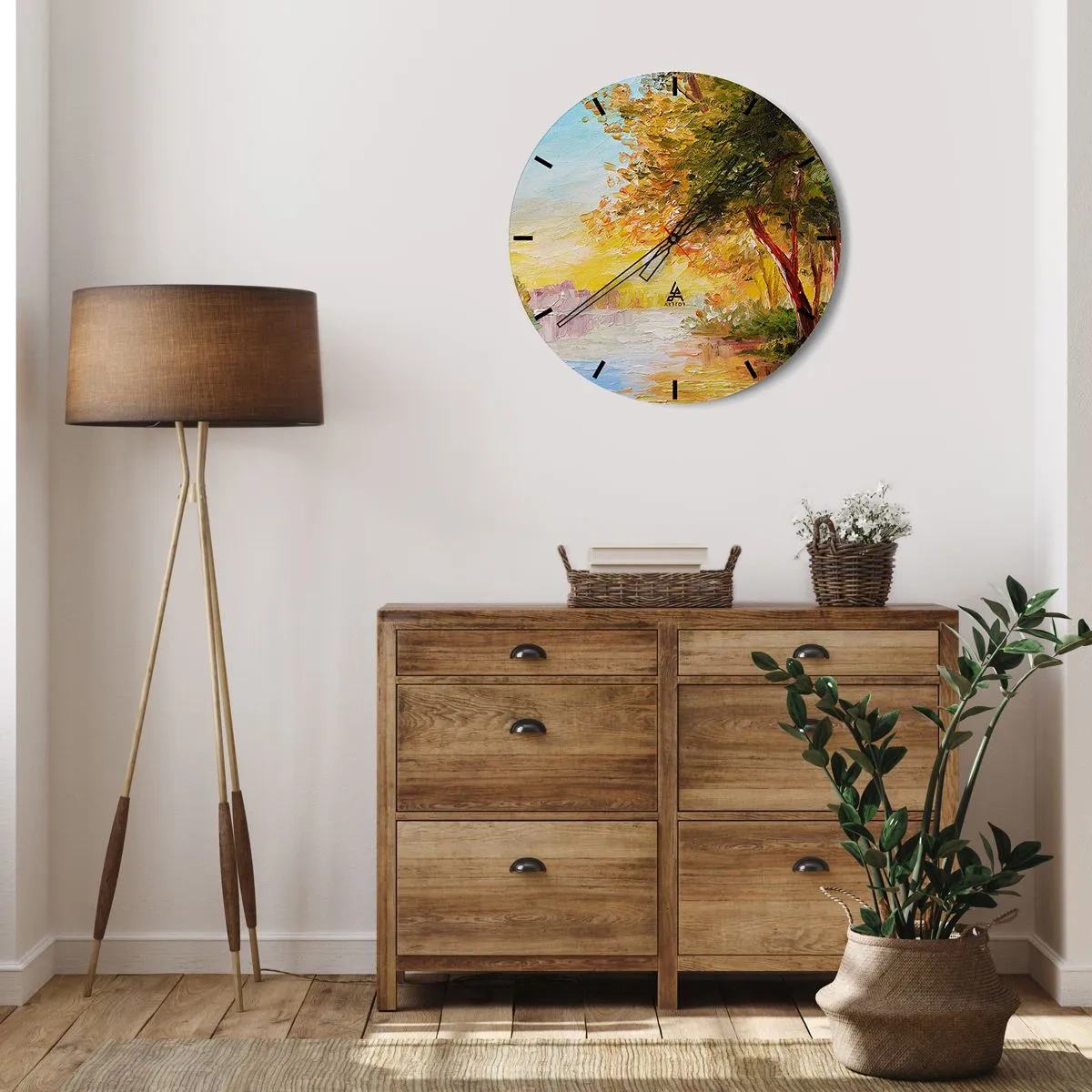 Nástenné hodiny - Jesenné stromy pri rieke v teplom slnečnom svetle - 30x30cm - Et in Arcadia ego - Moderná nástenná dekorácia do obývacej izby, kuchyne a spálne ARTTOR