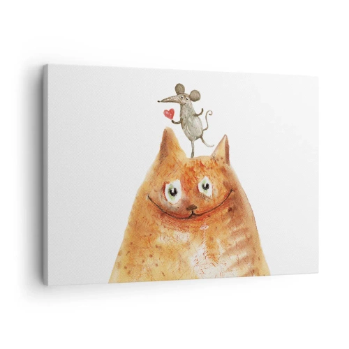 Obraz na plátne - Kresba mačky s myšou na hlave, ktorá drží srdce - 70x50cm - Paradoxy lásky - Moderná nástenná dekorácia do obývacej izby a spálne ARTTOR