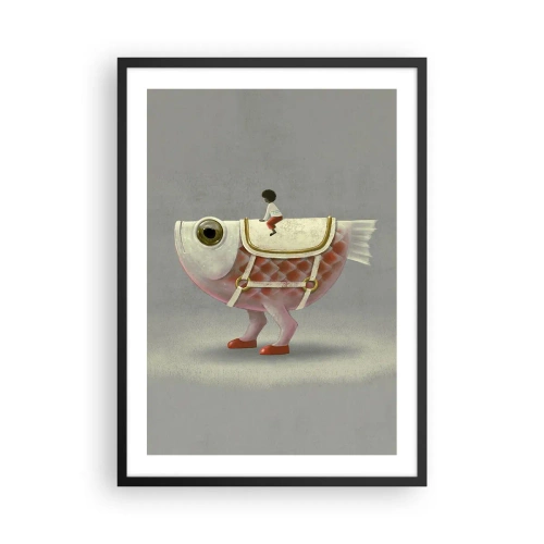 Plagát v čiernom ráme - Fantastická ryba so sedlom a postavou na sivom pozadí - 50x70cm - Rybí jazdec - Moderná nástenná dekorácia do obývacej izby a spálne ARTTOR
