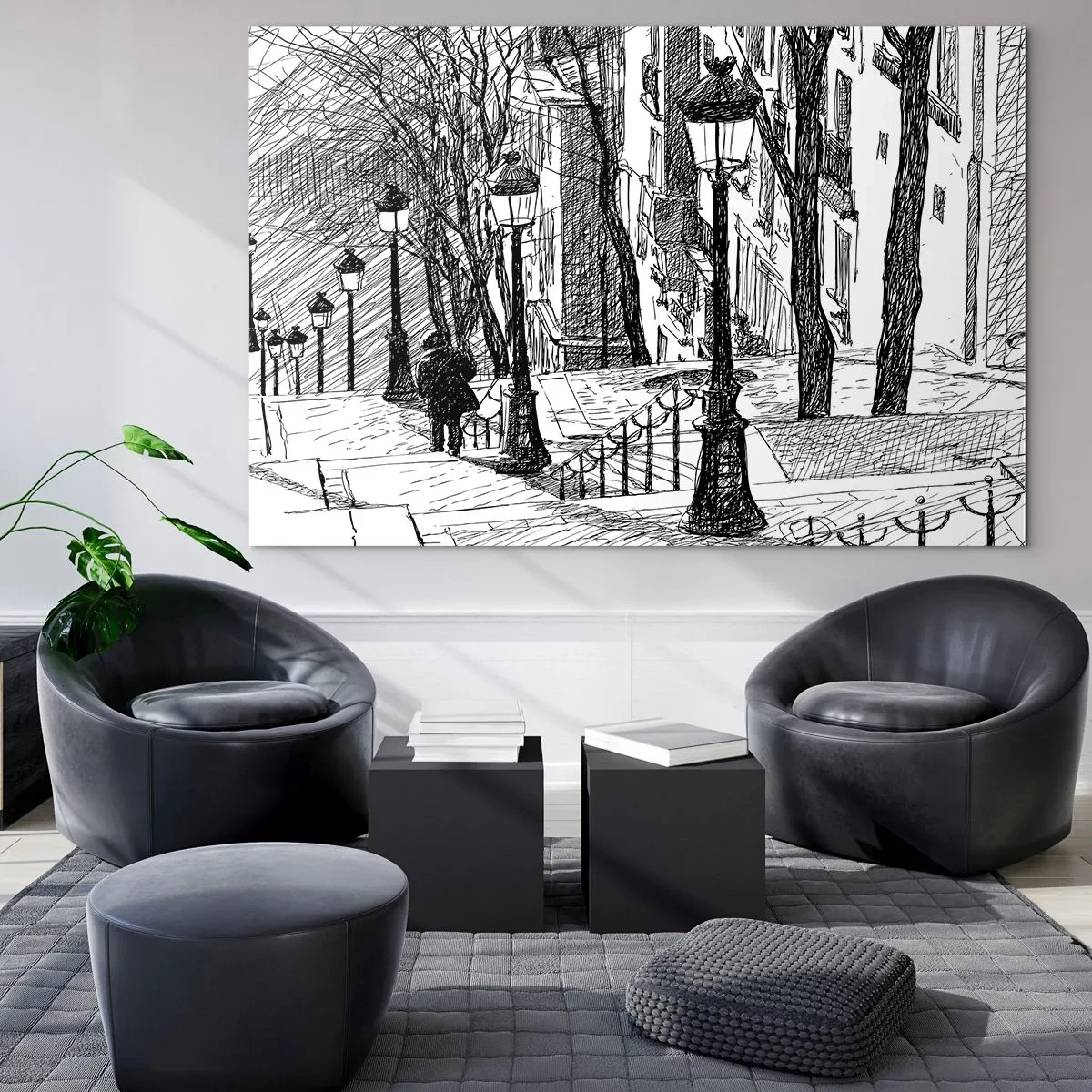 Obraz na skle - Čiernobiela kresba mestskej ulice s lampášmi - 70x50cm - Milostný príbeh alebo horor? - Moderná nástenná dekorácia do obývacej izby a spálne ARTTOR
