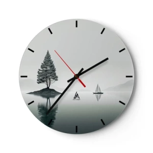 Nástenné hodiny - Minimalistická krajina s ostrovom, stromom a plachetnicou na vode. - 30x30cm - Snívanie - Moderná nástenná dekorácia do obývacej izby, kuchyne a spálne ARTTOR